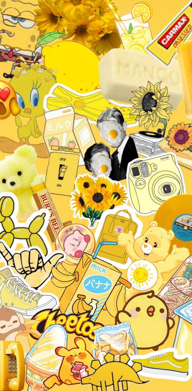 Collage, Zeichentrickfiguren, Sticker, Gelbe Ästhetik, Bunt, Android-Hintergrundbild