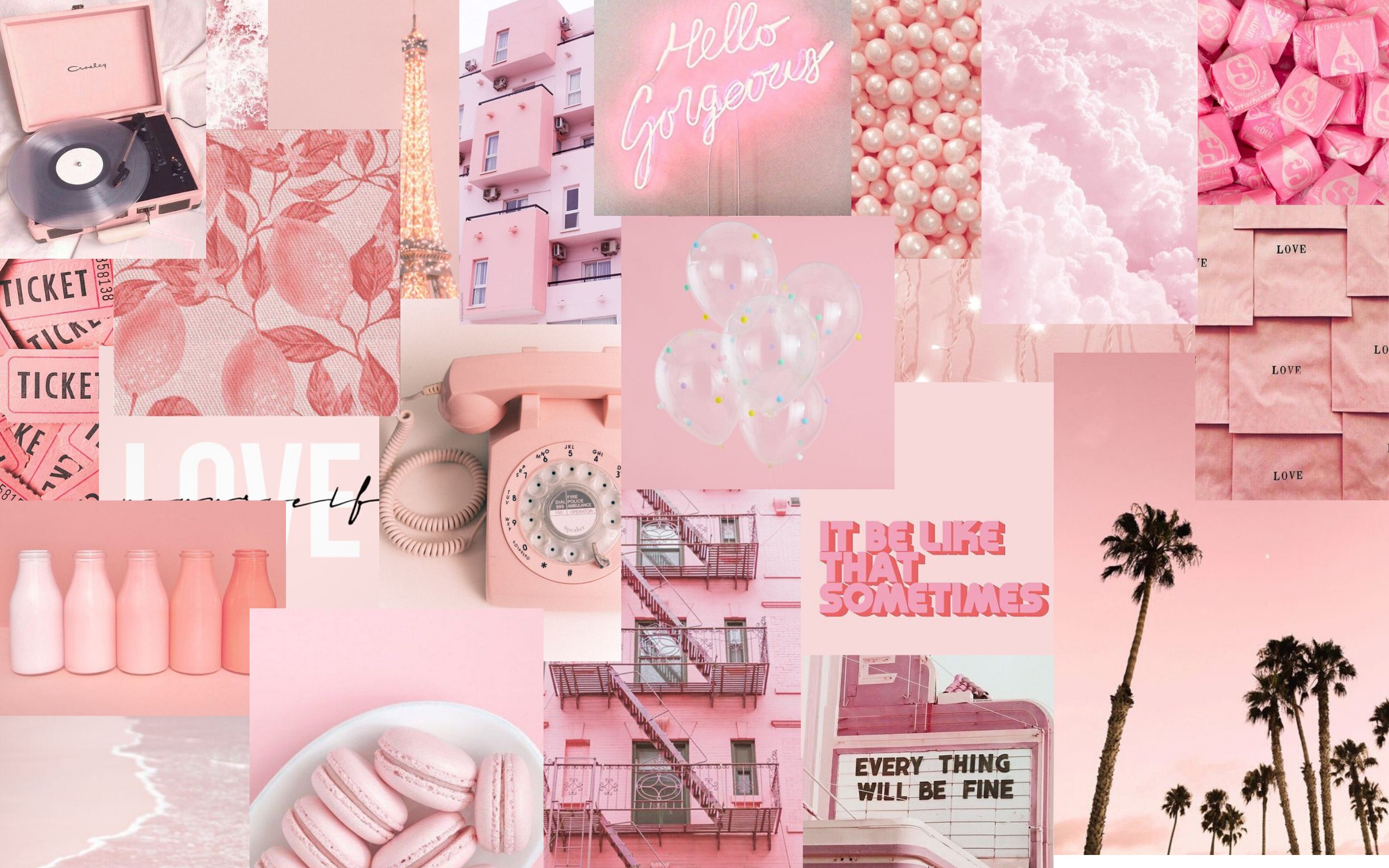Collage, Palmen, Telefon, Altrosa, Ästhetik, 2K, Desktop-Hintergrund für Windows