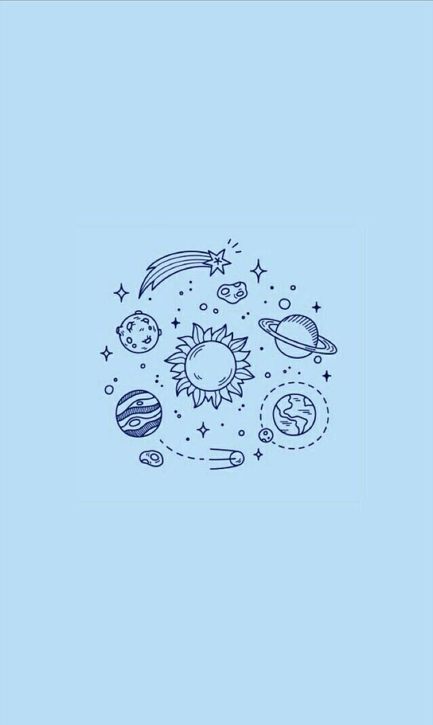 Planeten, Weltraum-Doodle, Line Art, Babyblau, Minimalistisch, Android-Hintergrundbild