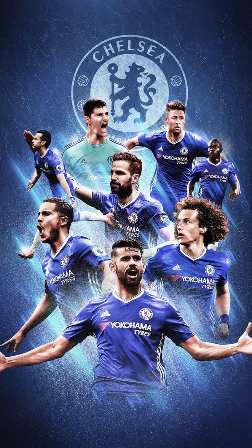 Chelsea FC, Fußballspieler, Mannschaft, Collage, Blau, Hochformat, Hintergrundbild fürs Smartphone