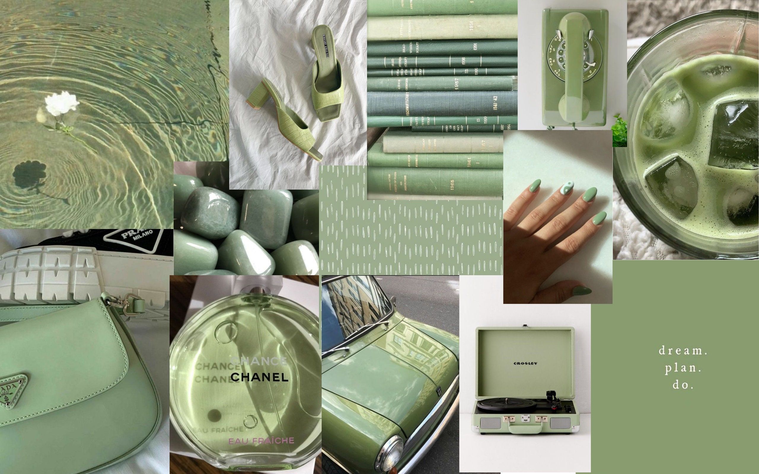 Collage, Chanel, Prada, Salbeigrün, Moodboard, 2K, Desktop-Hintergrund für Windows