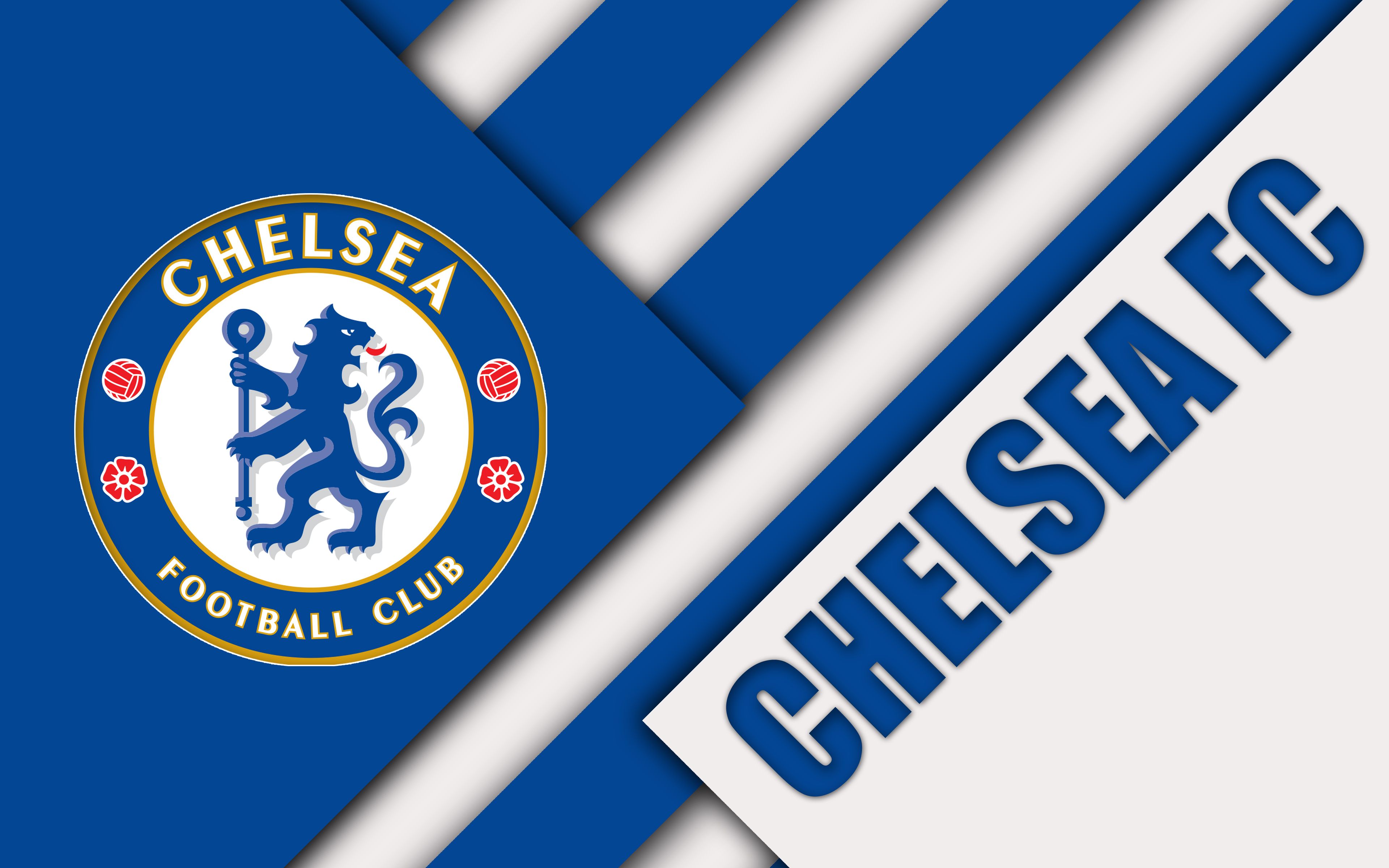 Chelsea FC, Wappen, Schriftzug, Grafikdesign, Blau-Weiß, 4K, Windows-Hintergrundbild
