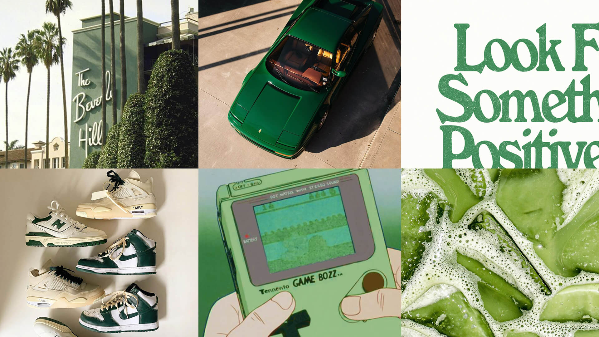 Collage, Look for something positive, Game Boy, Sneaker, Palmen, Full HD, PC-Hintergrundbild