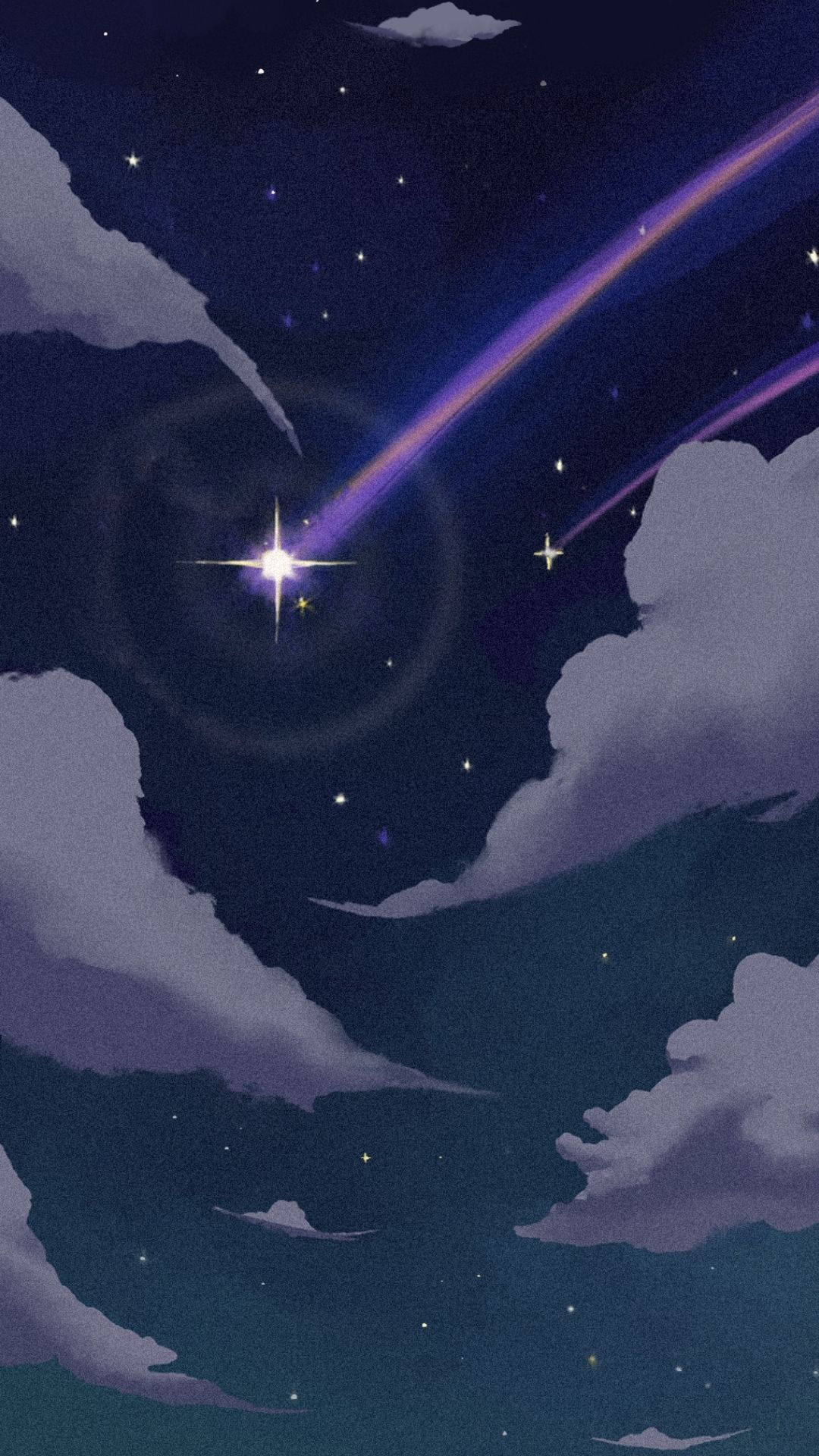 Komet, Sternschnuppe, Wolken, Nachthimmel, Anime-Stil, Violett, Full HD, Handy-Hintergrundbild