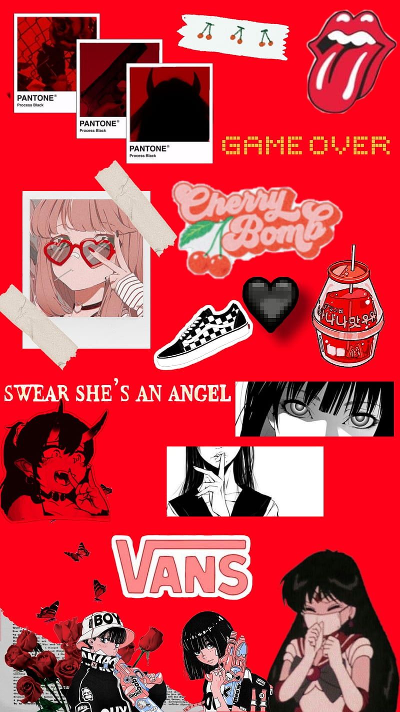 Collage, Vans, Game Over, Anime, Signalrot, Hochformat, Hintergrundbild fürs Smartphone