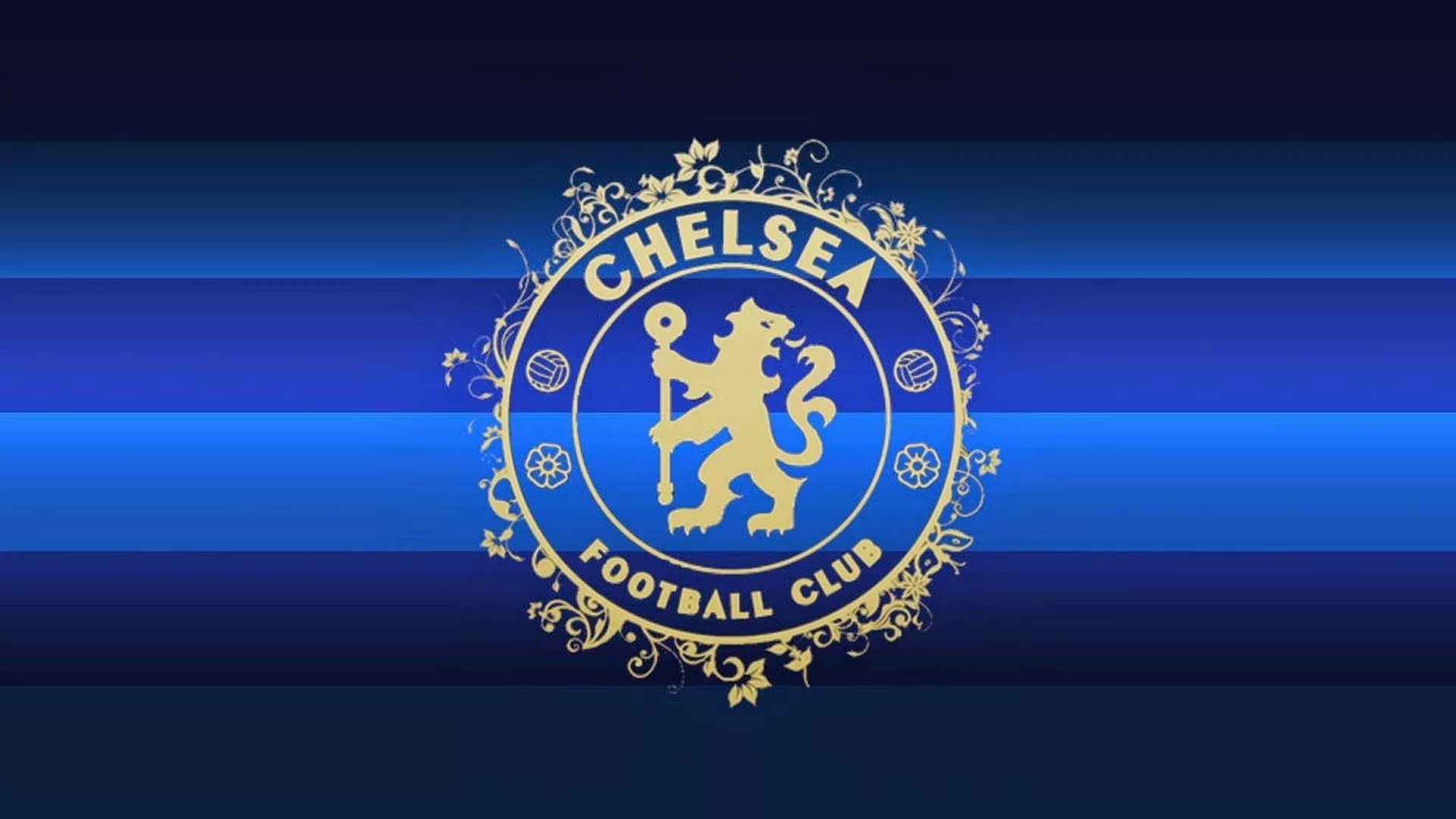 Chelsea FC, Goldenes Wappen, Ornamente, Streifen, Blau, 16:9, Full-HD-Hintergrundbild für den Desktop
