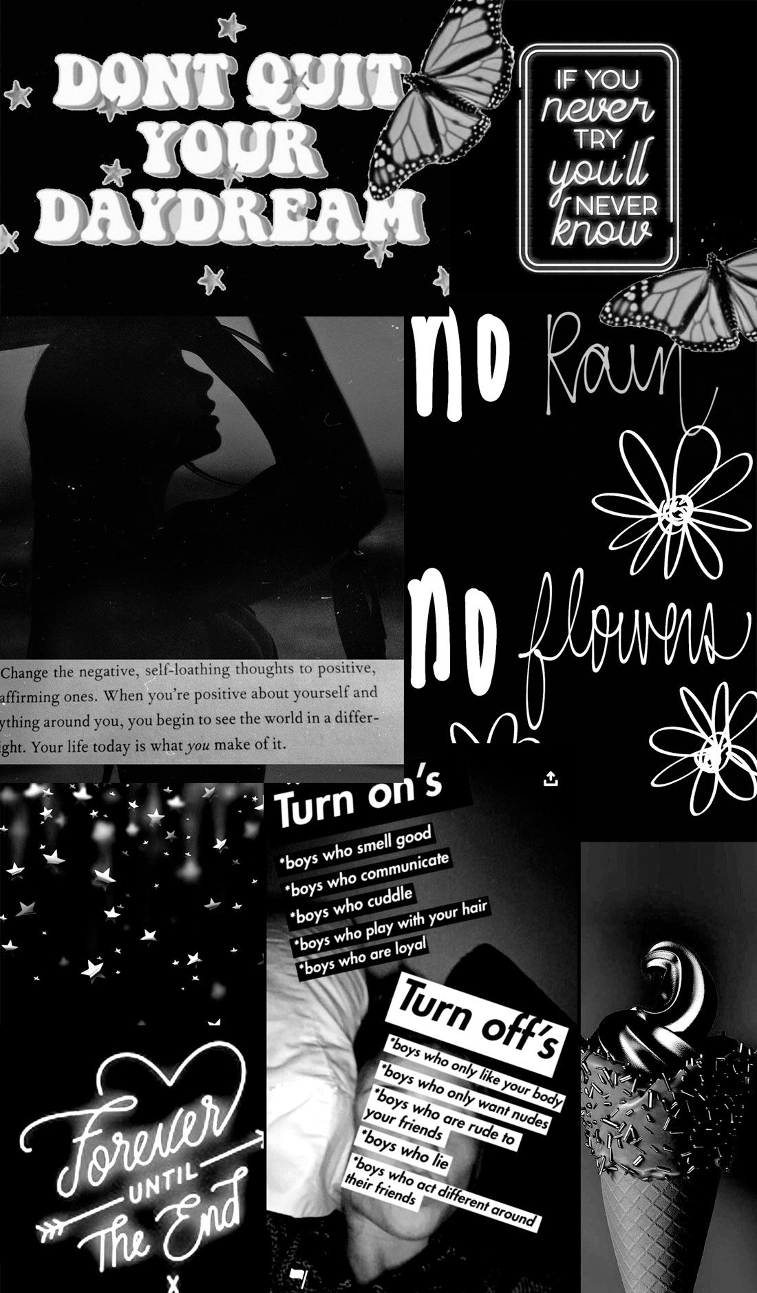 Collage, Don't Quit Your Daydream, Sprüche, Sticker, Schwarzweiß, Hochformat, Full-HD-Handy-Hintergrundbild