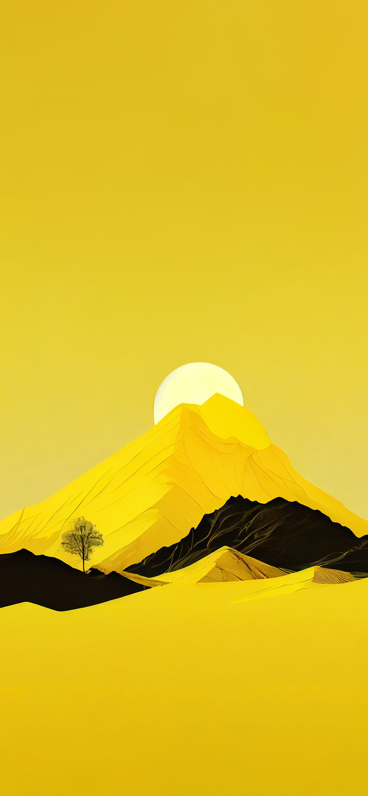 Berg, Sonne, Minimalistisch, Senfgelb, Landschaft, Full HD, Handy-Hintergrund im Hochformat