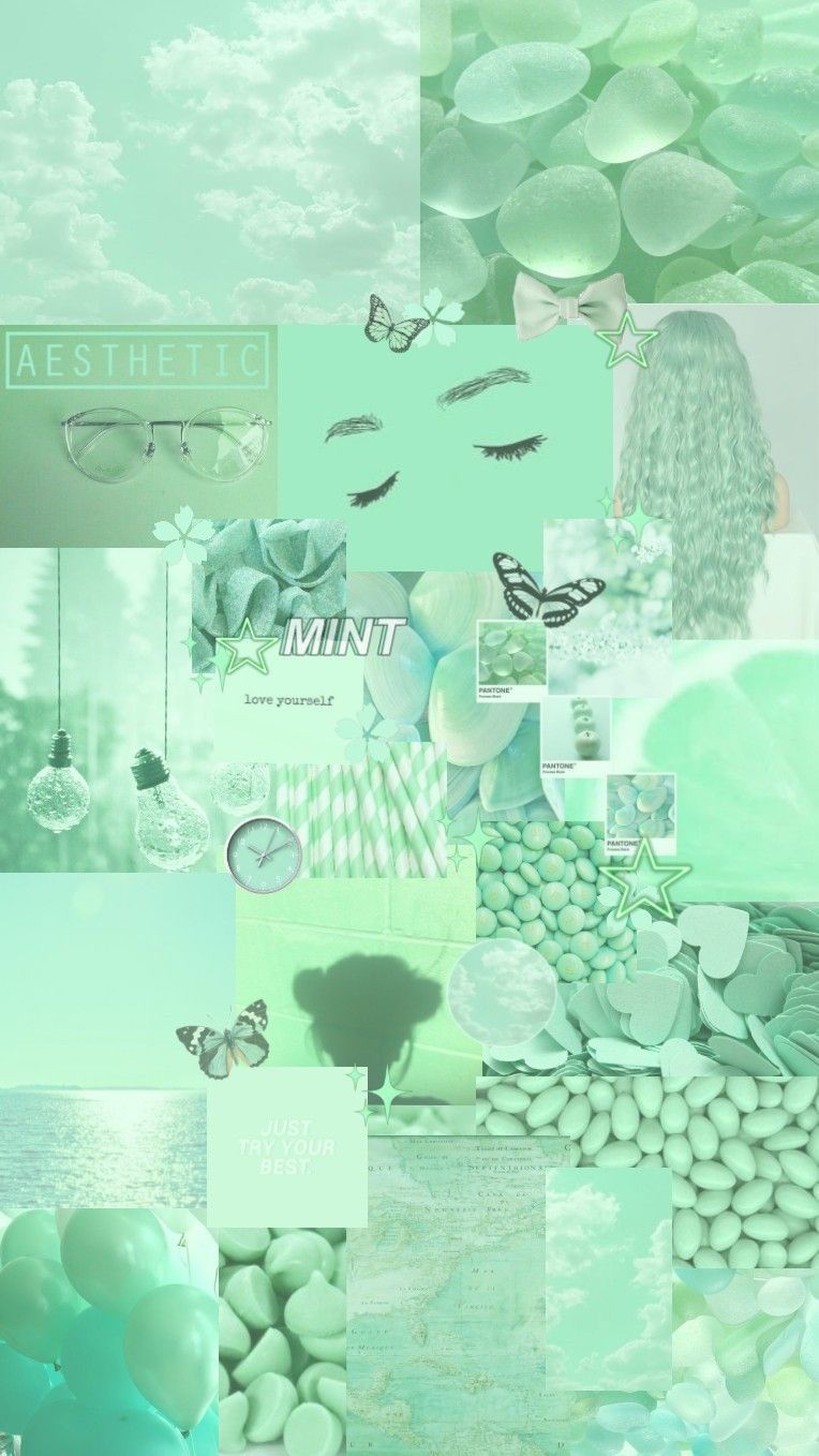 Collage, Mintgrün, Pastell, Moodboard, Monstera, HD, Sperrbildschirm fürs iPhone