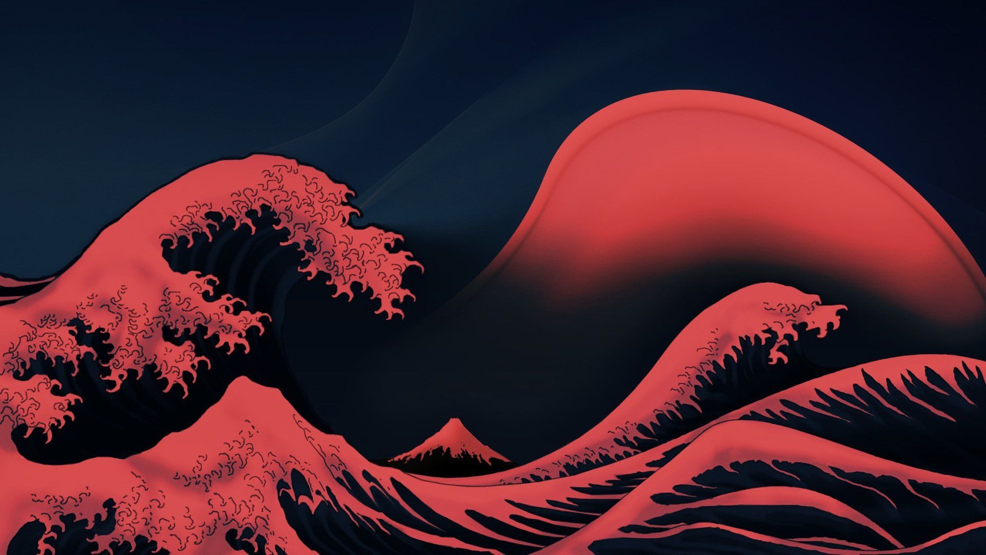 Die große Welle vor Kanagawa, Hokusai, Japanische Kunst, Rot-Dunkelblau, Welle, 1080p-Hintergrundbild