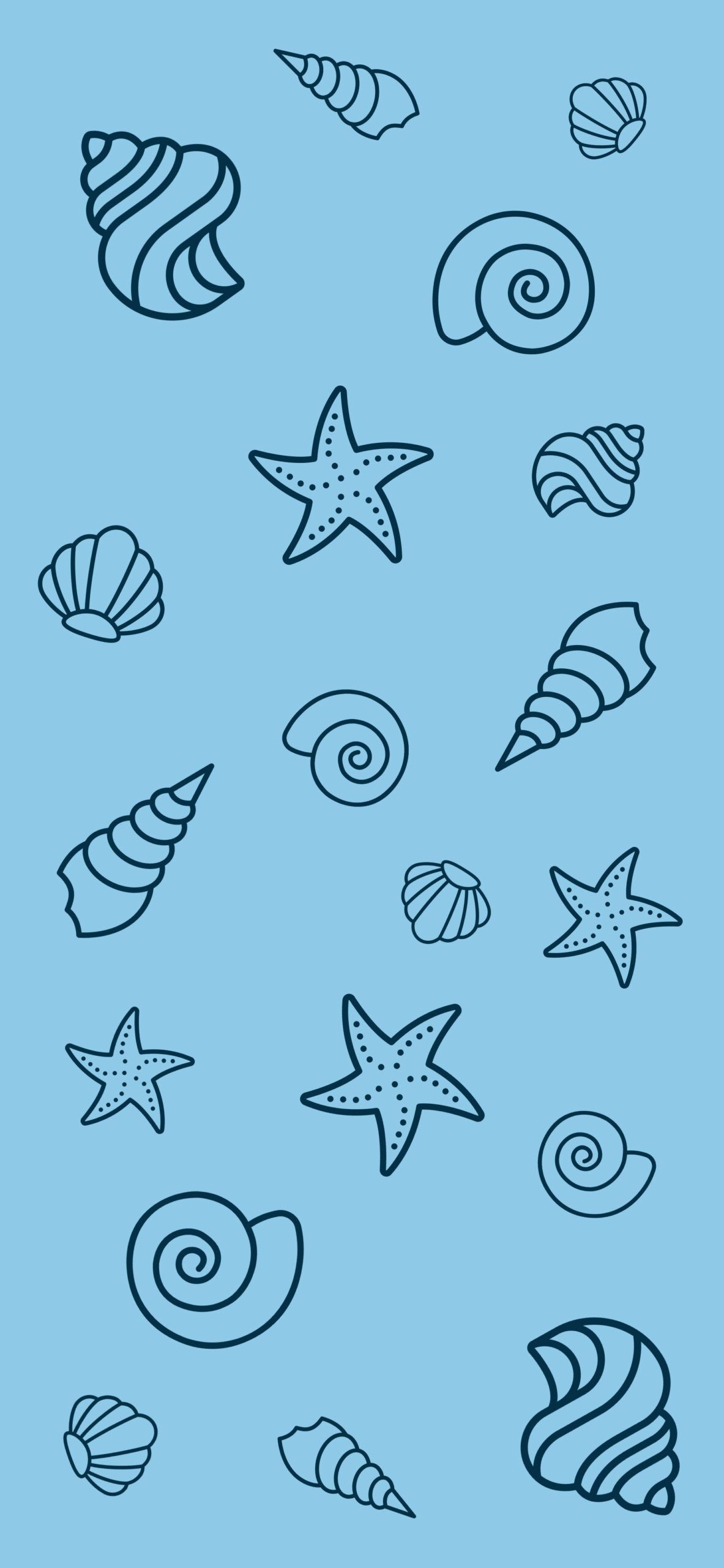 Muscheln, Seesterne, Doodle-Muster, Hellblau, Hochformat, Full HD, Handy-Hintergrund