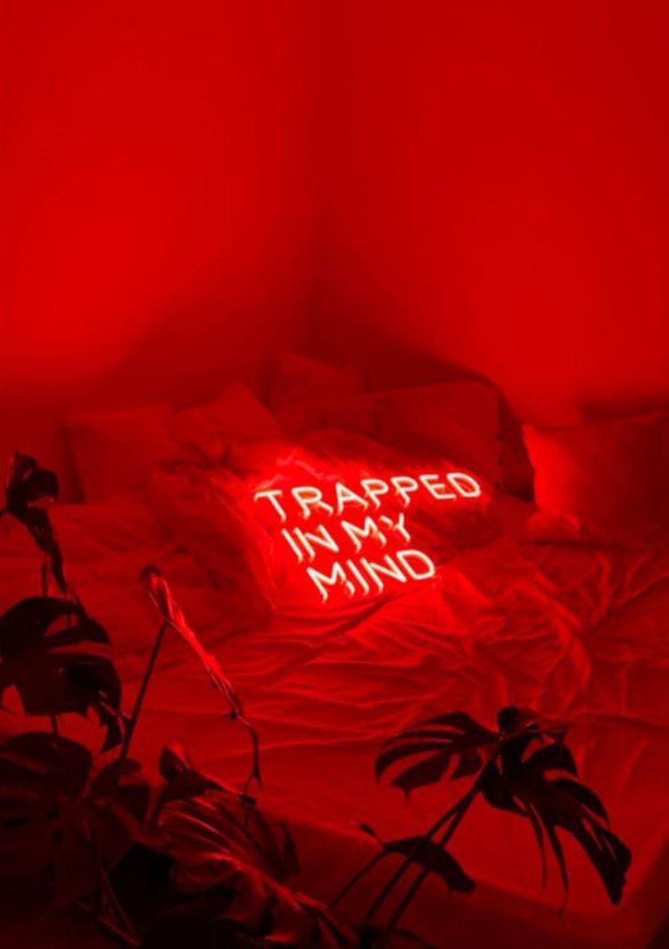 Trapped in My Mind, Neonschrift, Pflanzen, Rotes Licht, HD, iPad-Hintergrundbild