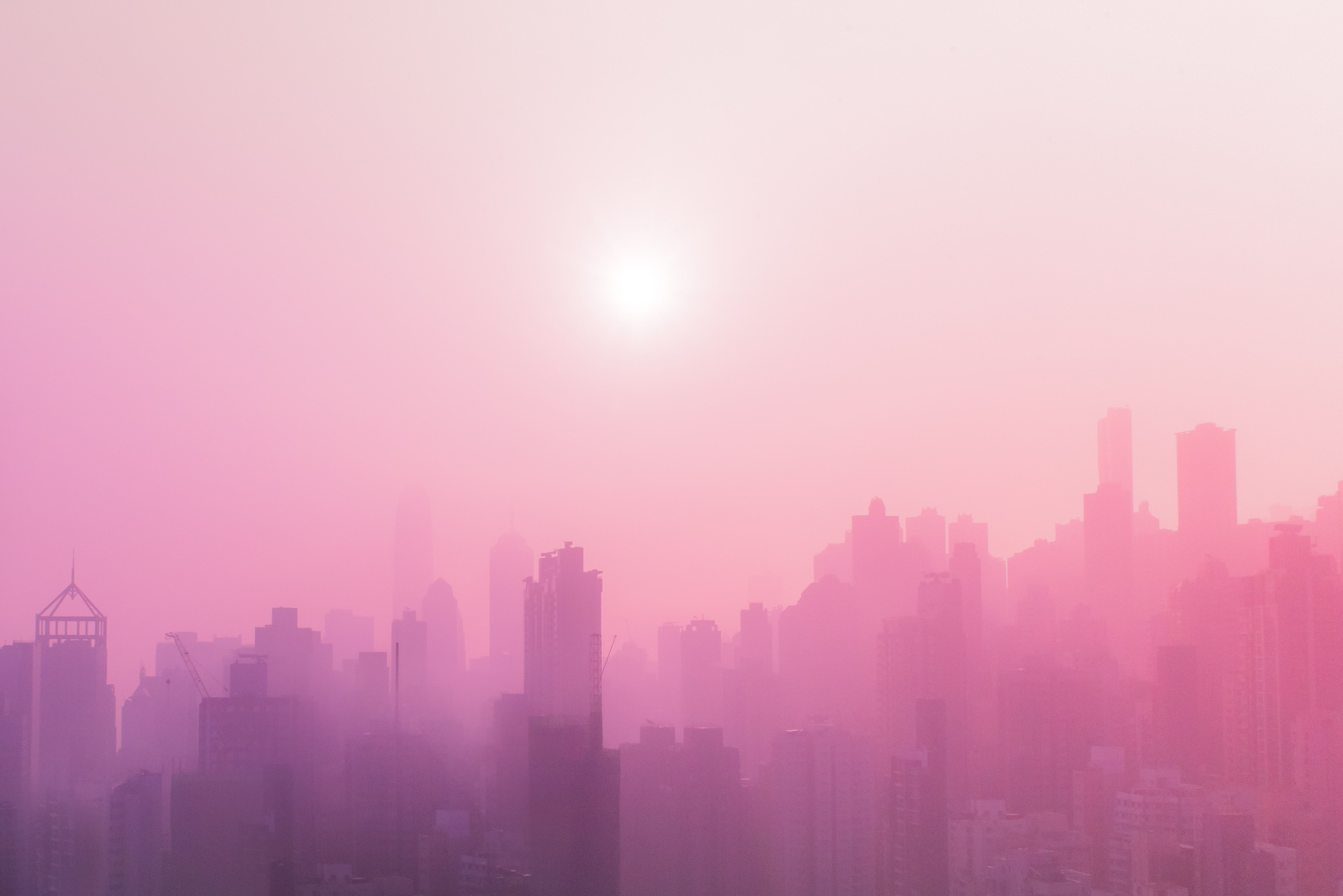 Skyline, Stadt, Nebel, Sonne, Rosa Dunst, 4K, Hintergrundbild für den PC