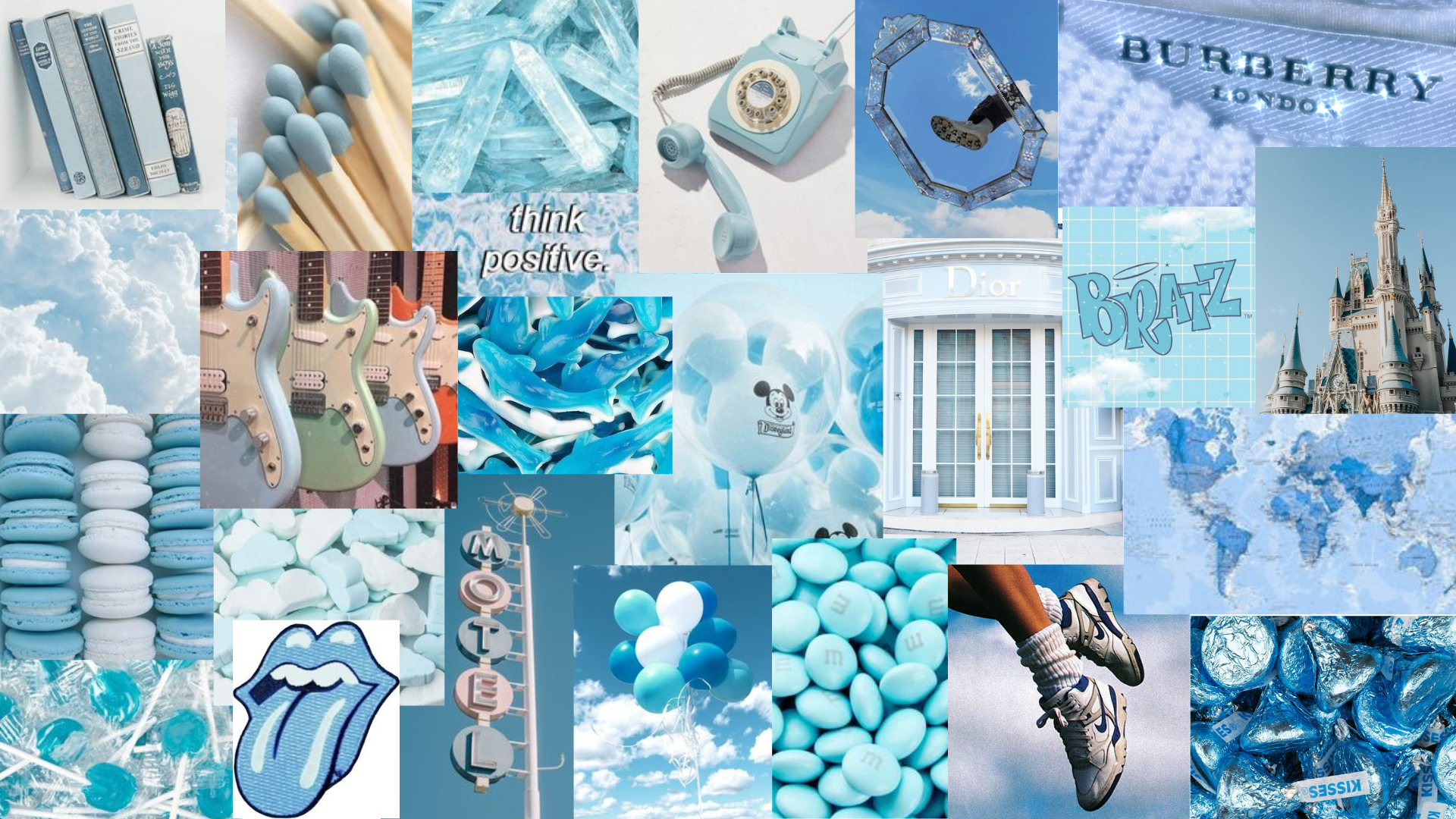 Collage, Burberry, Bratz, Cinderella-Schloss, Rolling-Stones-Zunge, Hellblau, 1080p-Hintergrundbild