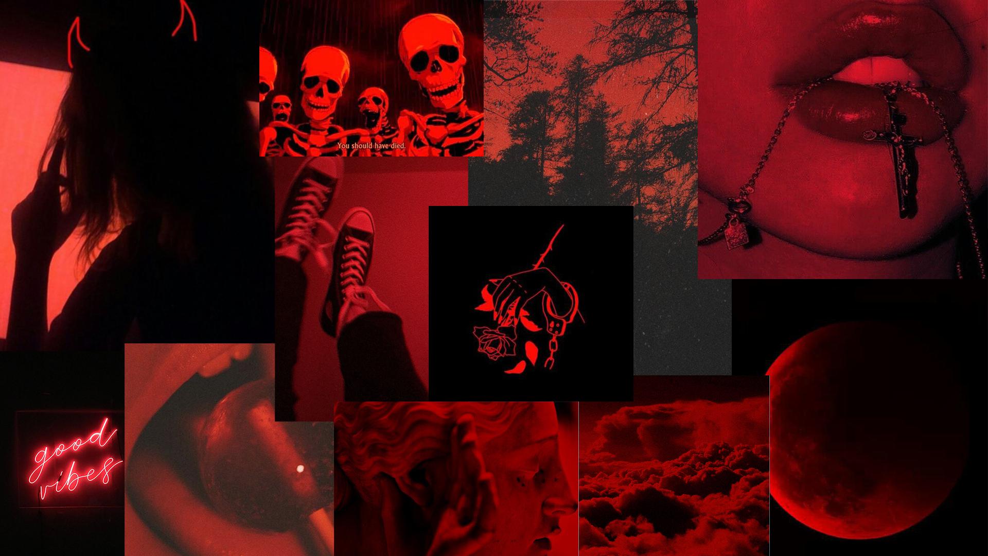 Collage, Totenschädel, Lippen, Dark Aesthetic, Rot-Schwarz, Full HD, PC-Hintergrundbild