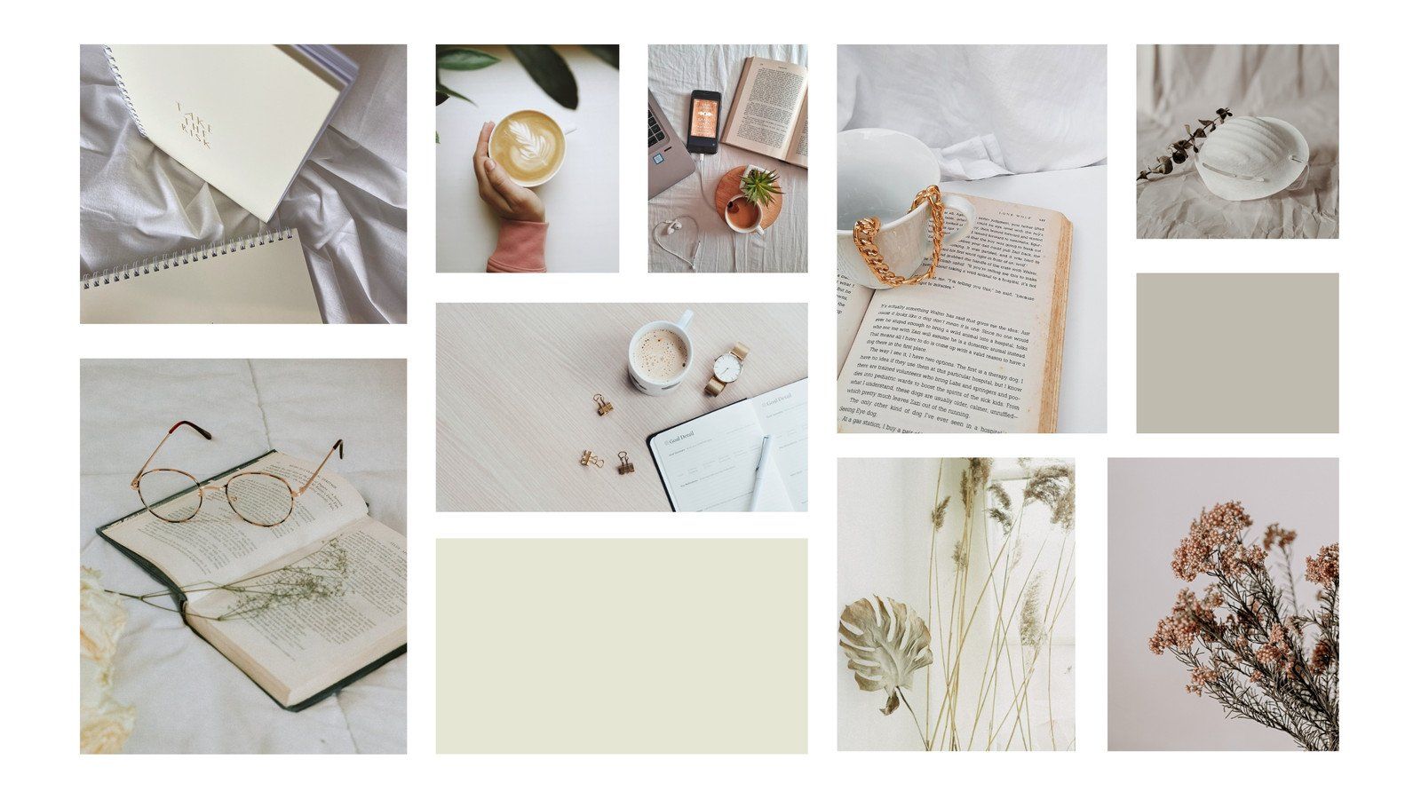 Collage, Buch, Brille, Kaffee, Getrocknete Blumen, Beige Töne, HD, PC-Hintergrundbild