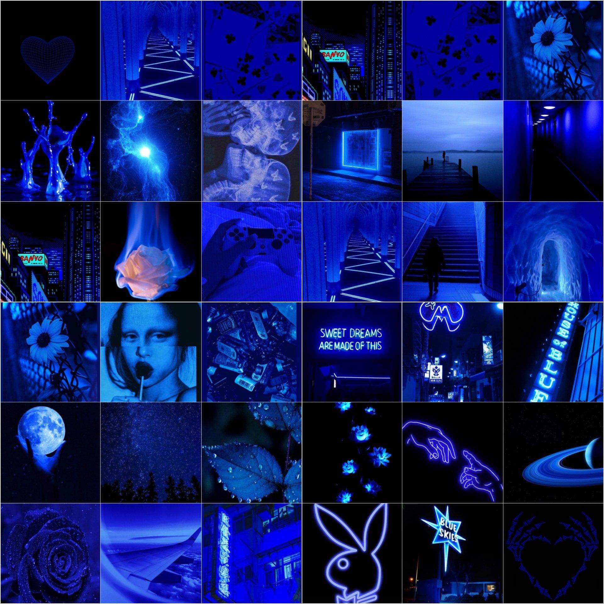 Collage, Neon, Playboy-Hase, Mond, Kobaltblau, Dark Aesthetic, Full HD, Tablet-Hintergrund