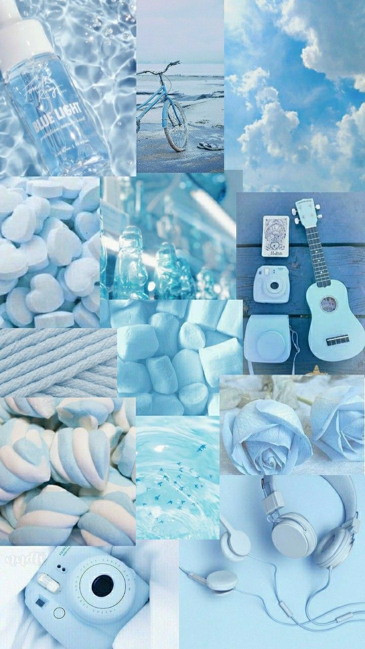 Collage, Ukulele, Kamera, Pastellblau, Soft Aesthetic, Hochformat, Hintergrundbild fürs Handy