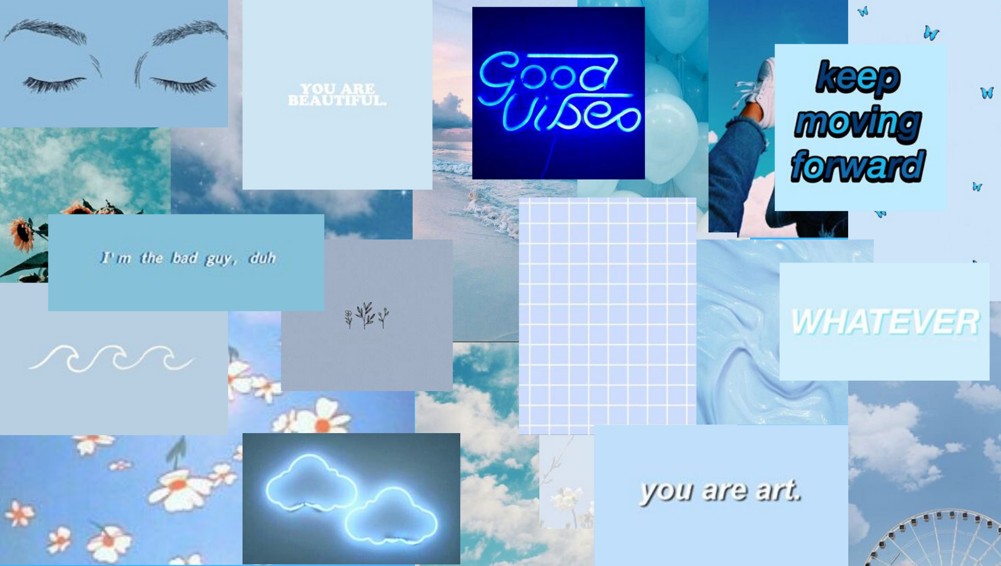 Collage, Good Vibes, Keep Moving Forward, You Are Art, Neonwolke, Hellblau, Full HD, Laptop-Hintergrundbild