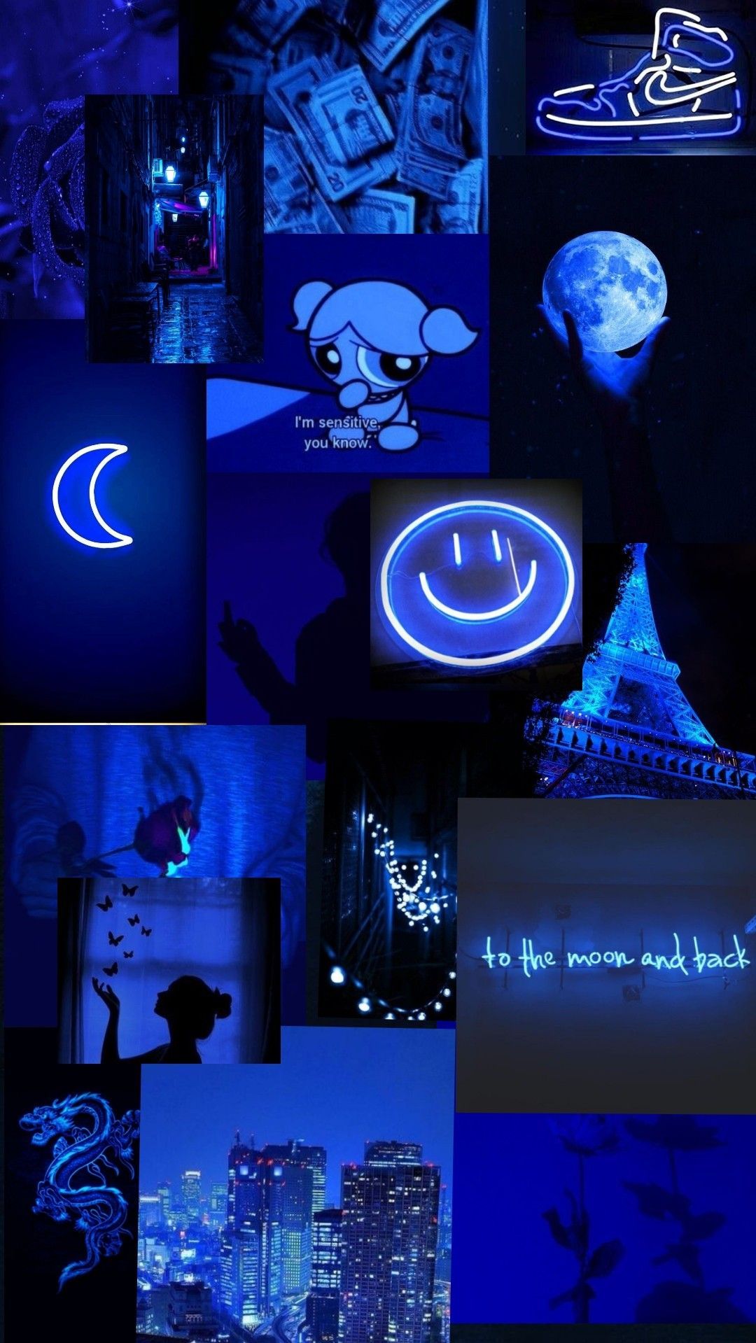 Collage, Neon-Smiley, Mondsichel, Eiffelturm, Dunkelblau, Hochformat, Full HD, Handy-Hintergrund