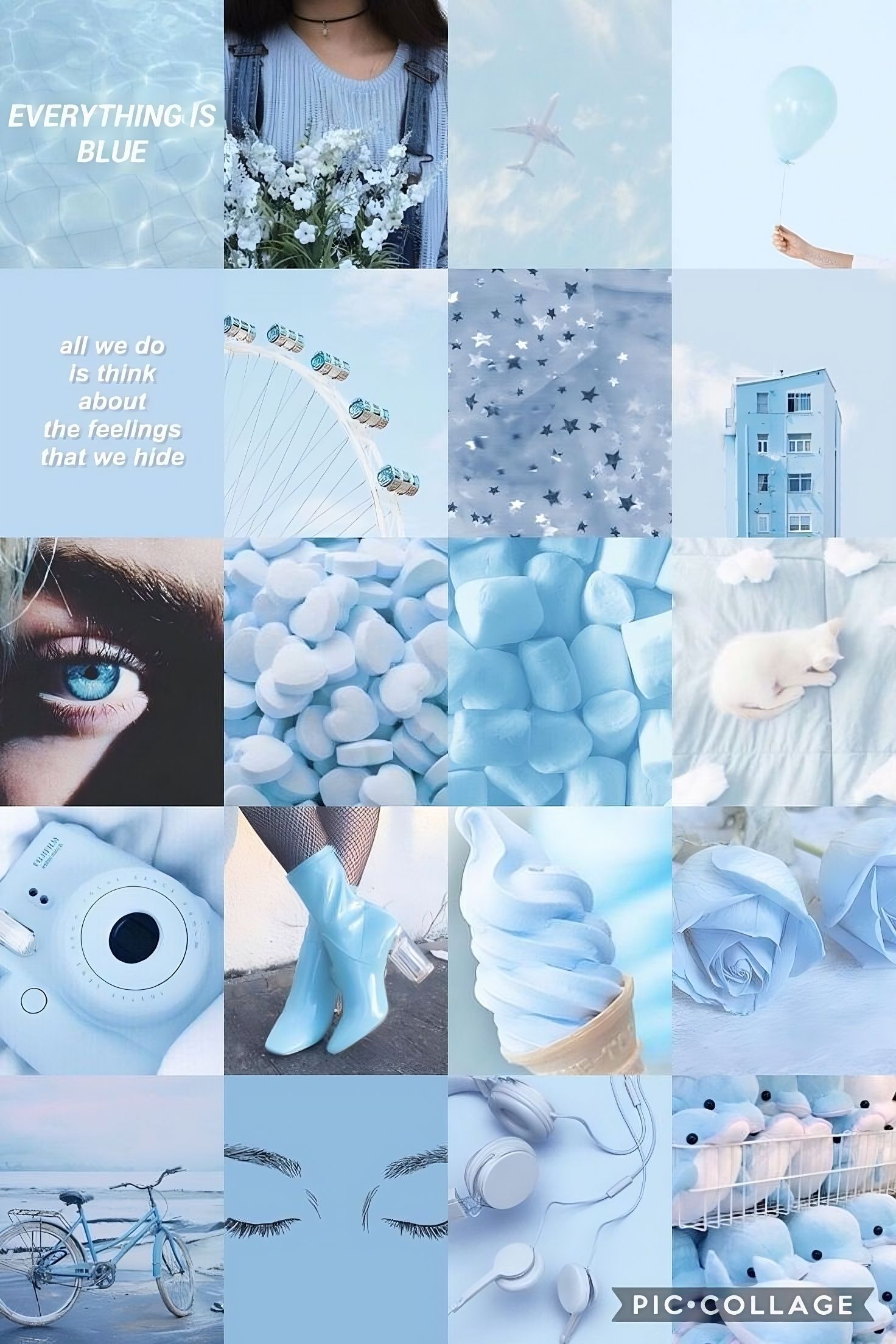 Collage, Auge, Blumen, Pastellblau, Soft Aesthetic, Hochformat, QHD+, Handy-Hintergrundbild