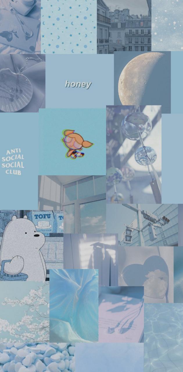 Collage, Graublau, Moodboard, Vintage, Hochformat, Hintergrundbild für iPhone und Android