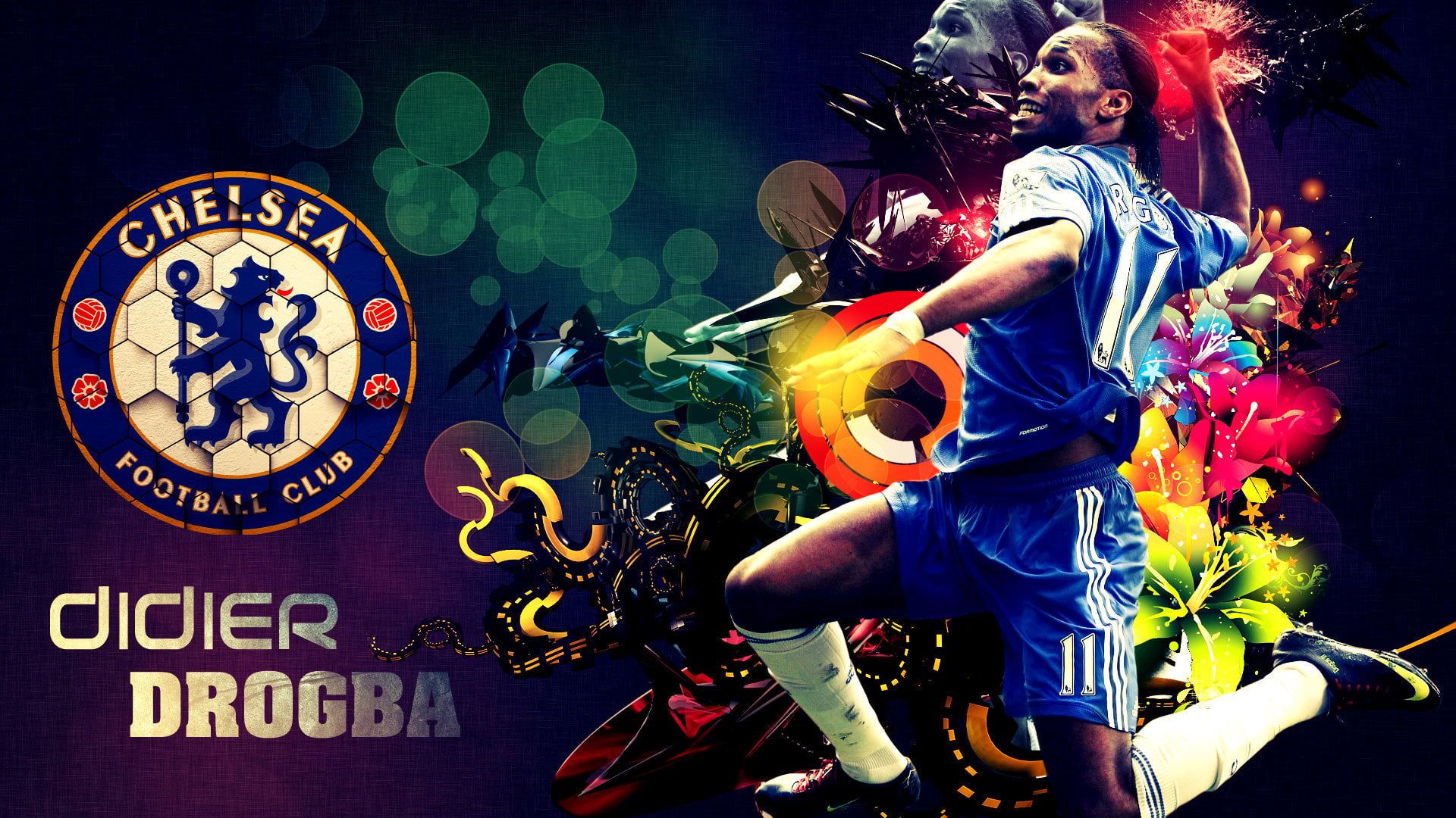 Didier Drogba, Chelsea FC, Fußballspieler, Wappen, Bunte Kunst, Full HD, Laptop-Hintergrundbild