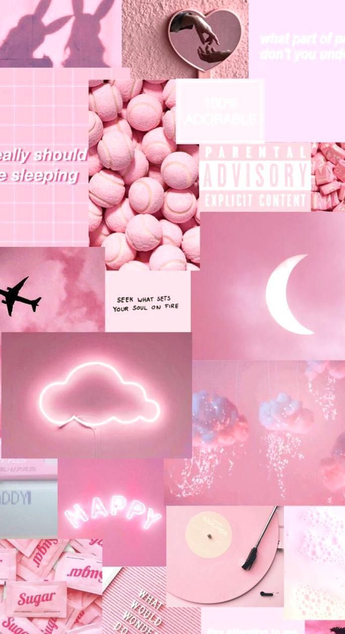 Collage, Neonwolke, Mond, Ästhetik, Pink, Hintergrundbild für iPhone und Android