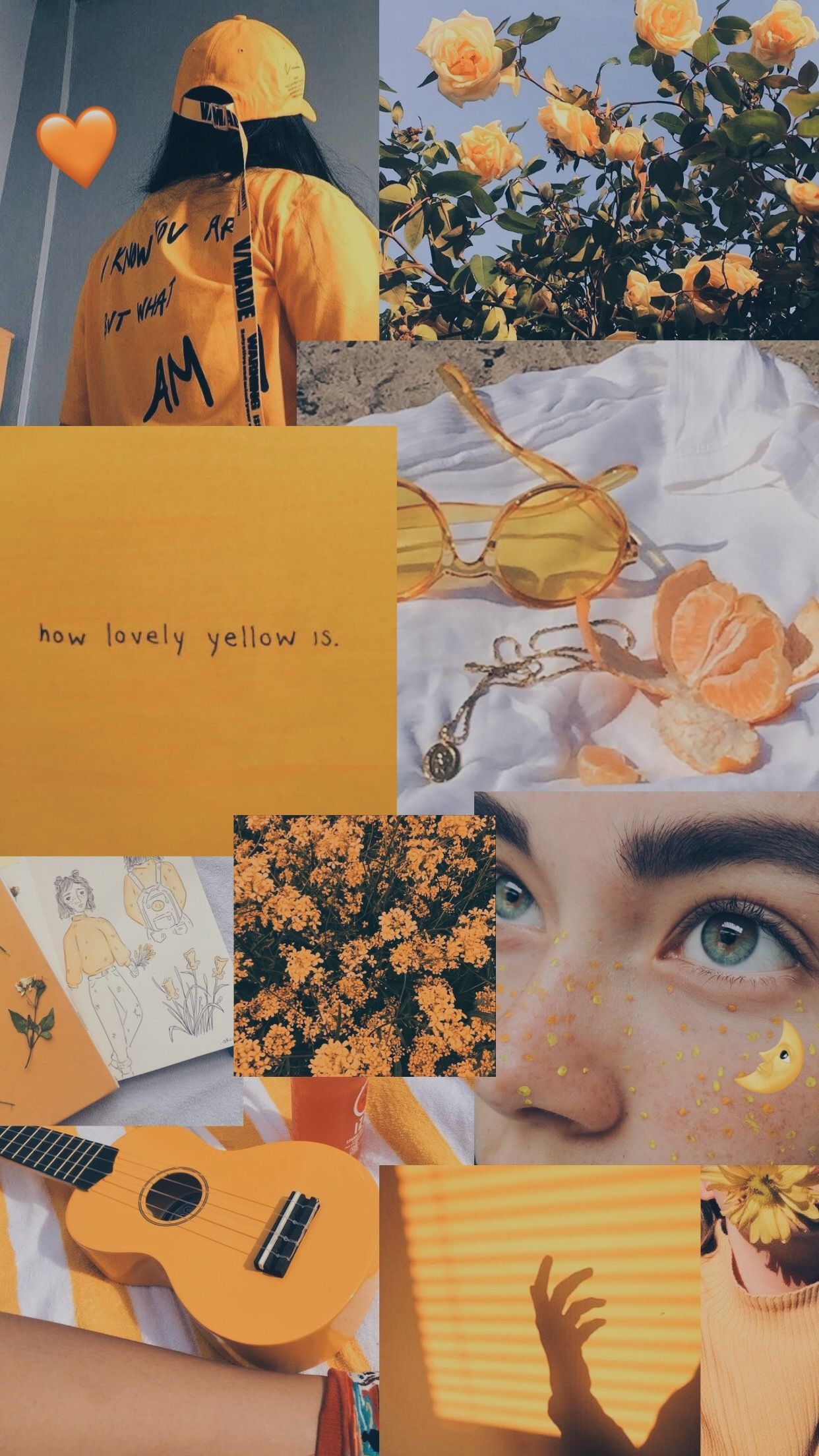 Collage, Gelber Pullover, Rosen, Augen, Ukulele, Full HD, Hintergrundbild fürs Handy