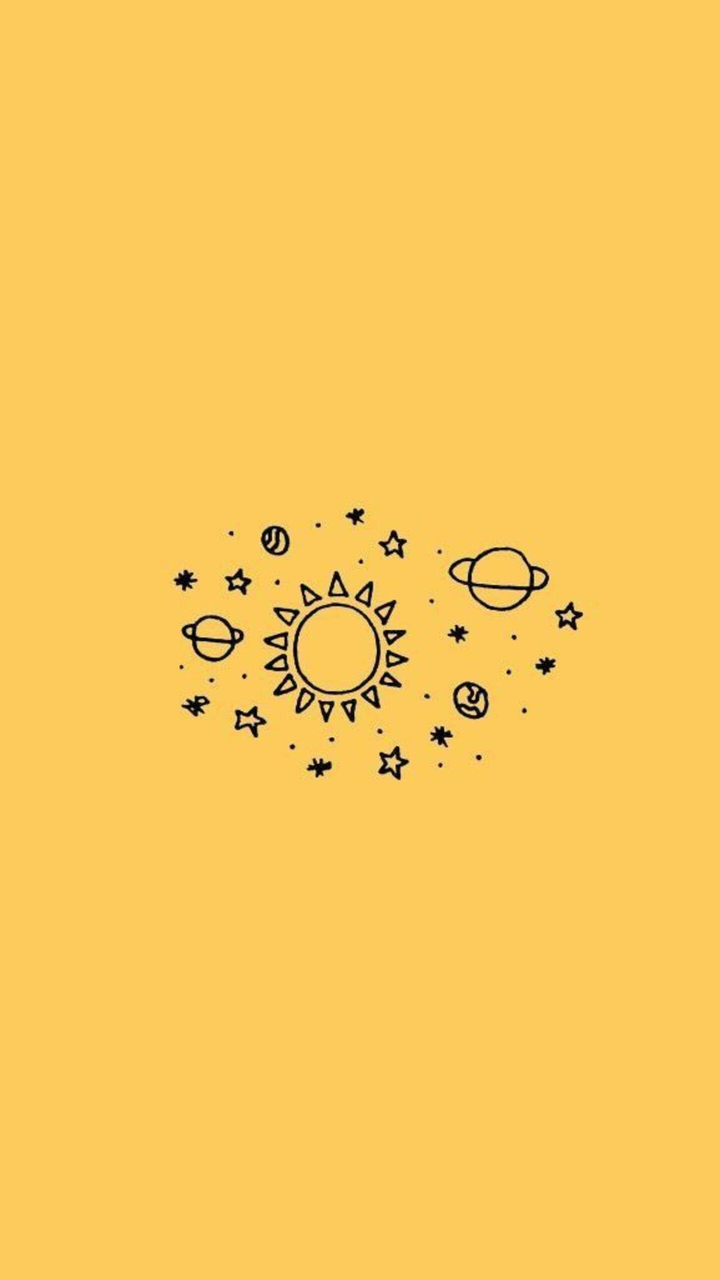 Sonne, Sterne, Planeten, Doodle, Gelber Hintergrund, QHD+, Sperrbildschirm fürs iPhone