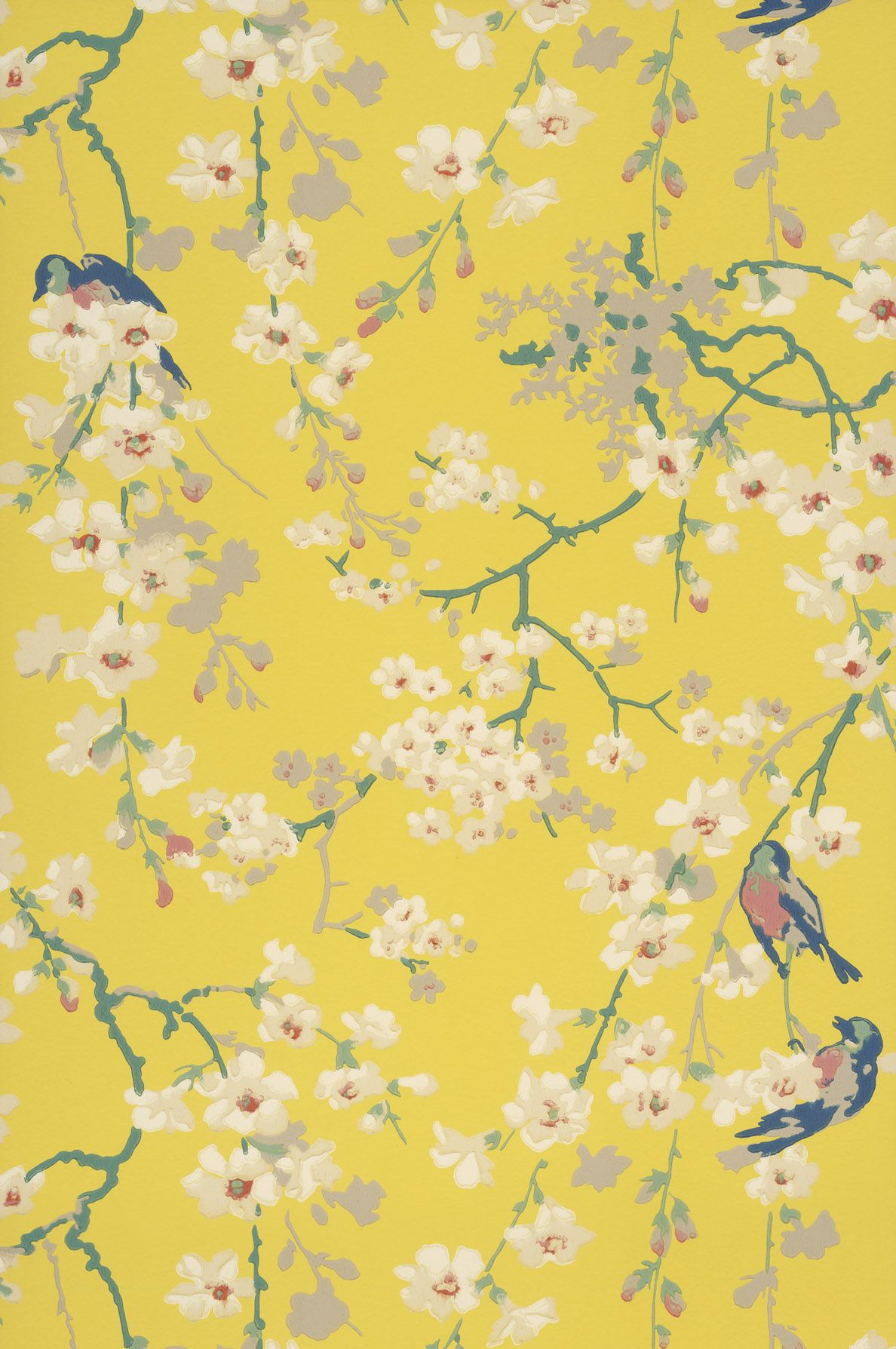 Blütenzweige, Vögel, Florales Muster, Gelb, Vintage, Hochformat, Hintergrundbild fürs Smartphone