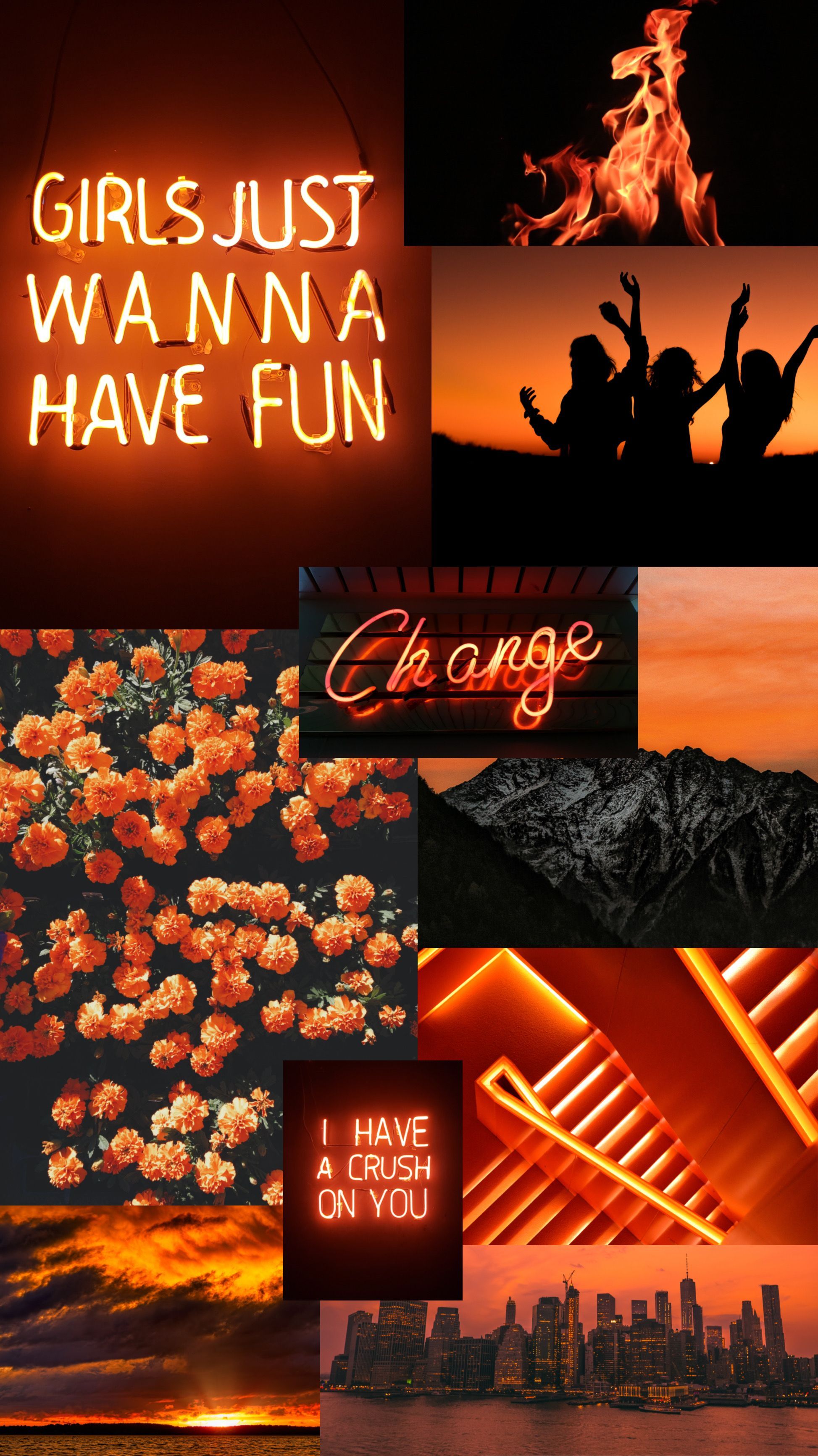 Collage, Neonschrift, Ringelblumen, Ästhetik, Nacht, QHD+, Handy-Hintergrund im Hochformat