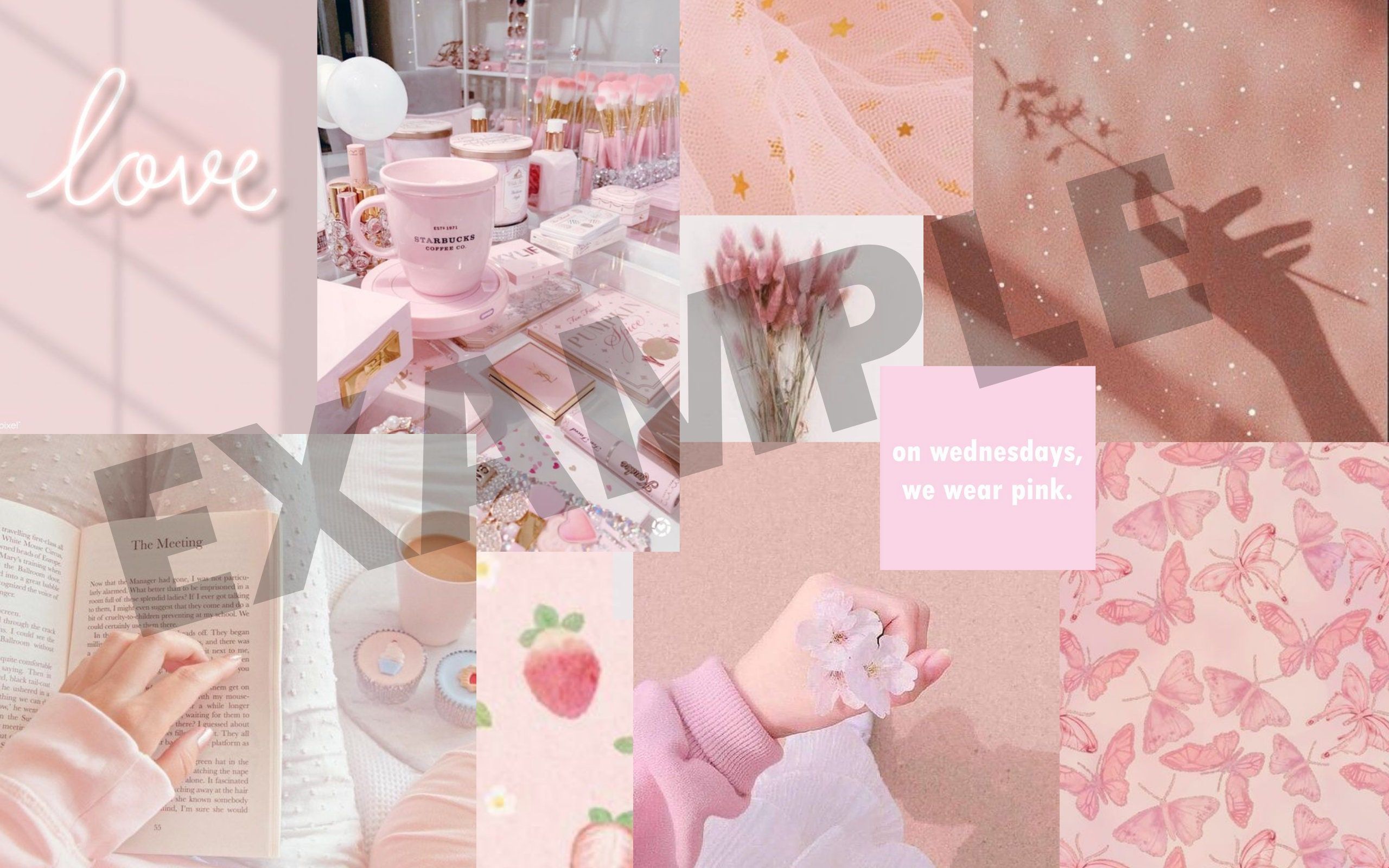 Collage, Rosa Ästhetik, Erdbeere, Liebe, Pastellrosa, 16:10, 2K-Hintergrundbild für den Desktop