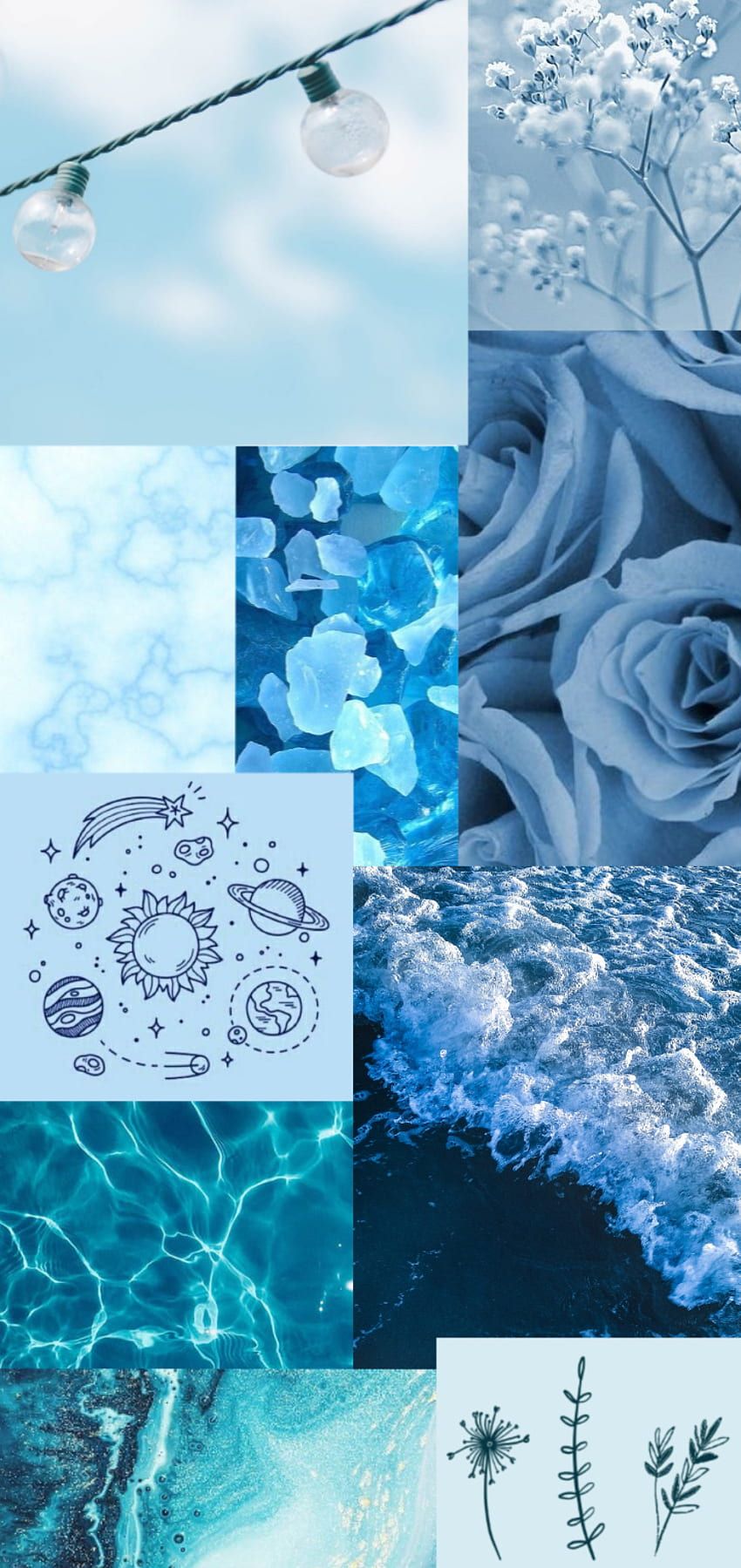 Collage, Rosen, Lichterkette, Wasser, Hellblau, Hochformat, HD, iPhone-Hintergrundbild