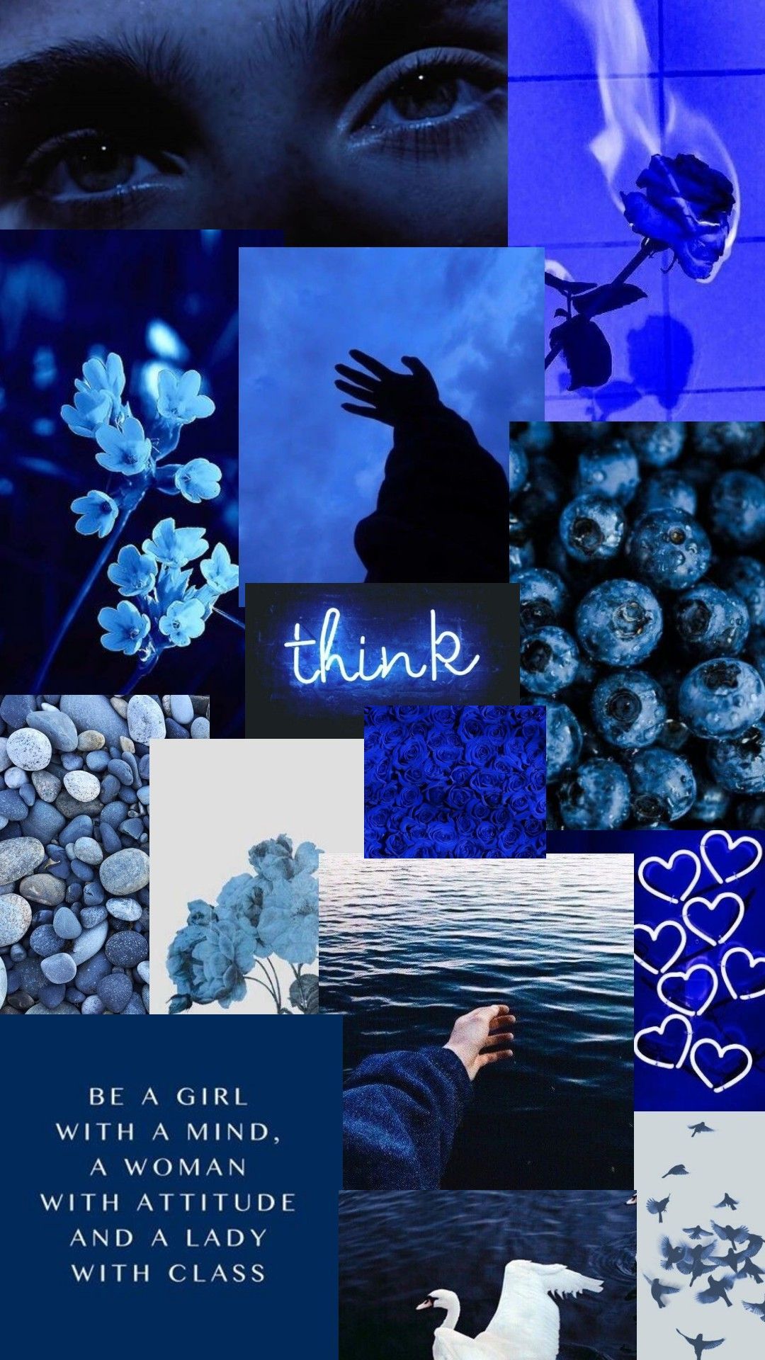 Collage, Dunkelblau, Blumen, Think, Sprüche, Hochformat, 1080x1920, Handy-Hintergrund