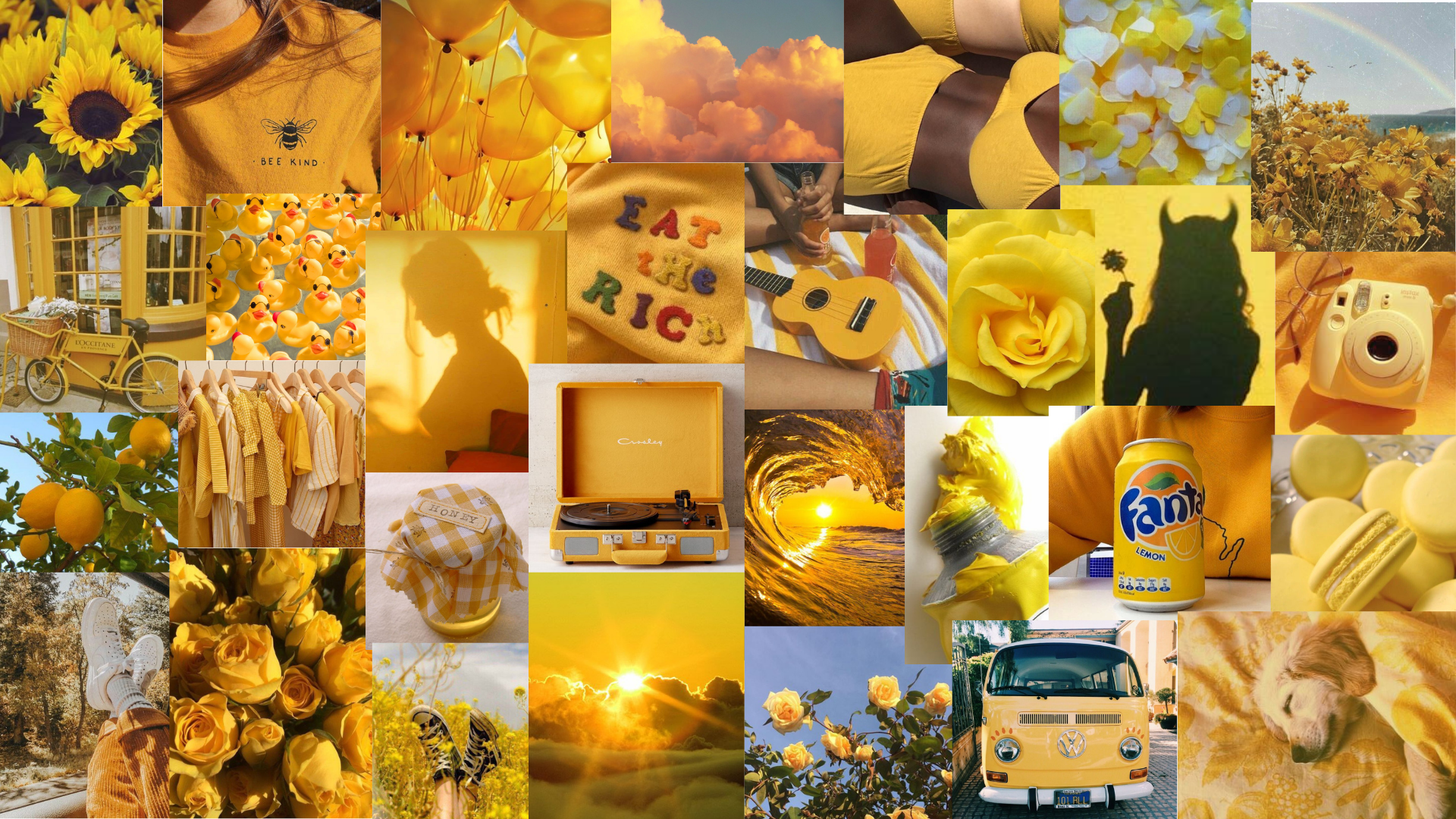 Collage, Fanta, VW-Bus, Sonnenuntergang, Gelb, 1920x1080, Full-HD-Hintergrundbild für PC