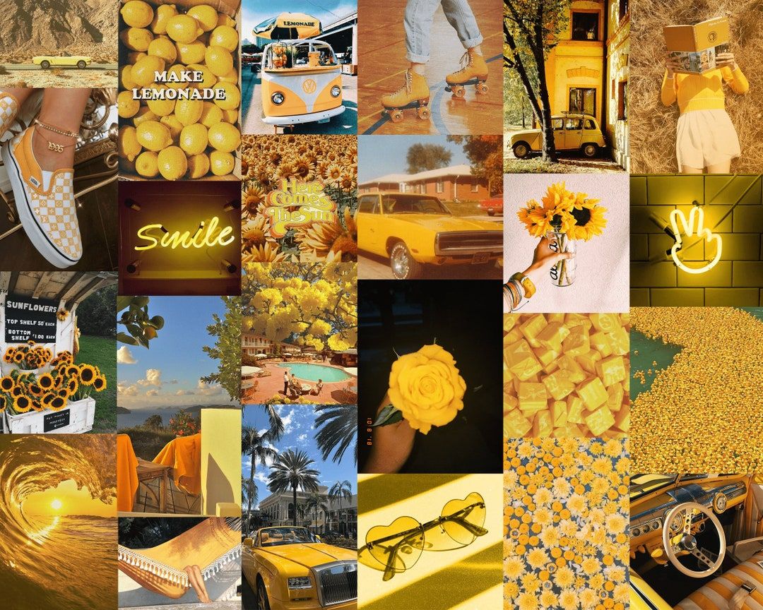 Collage, Smile, Sonnenblume, Neonschrift, Retro, Hintergrund