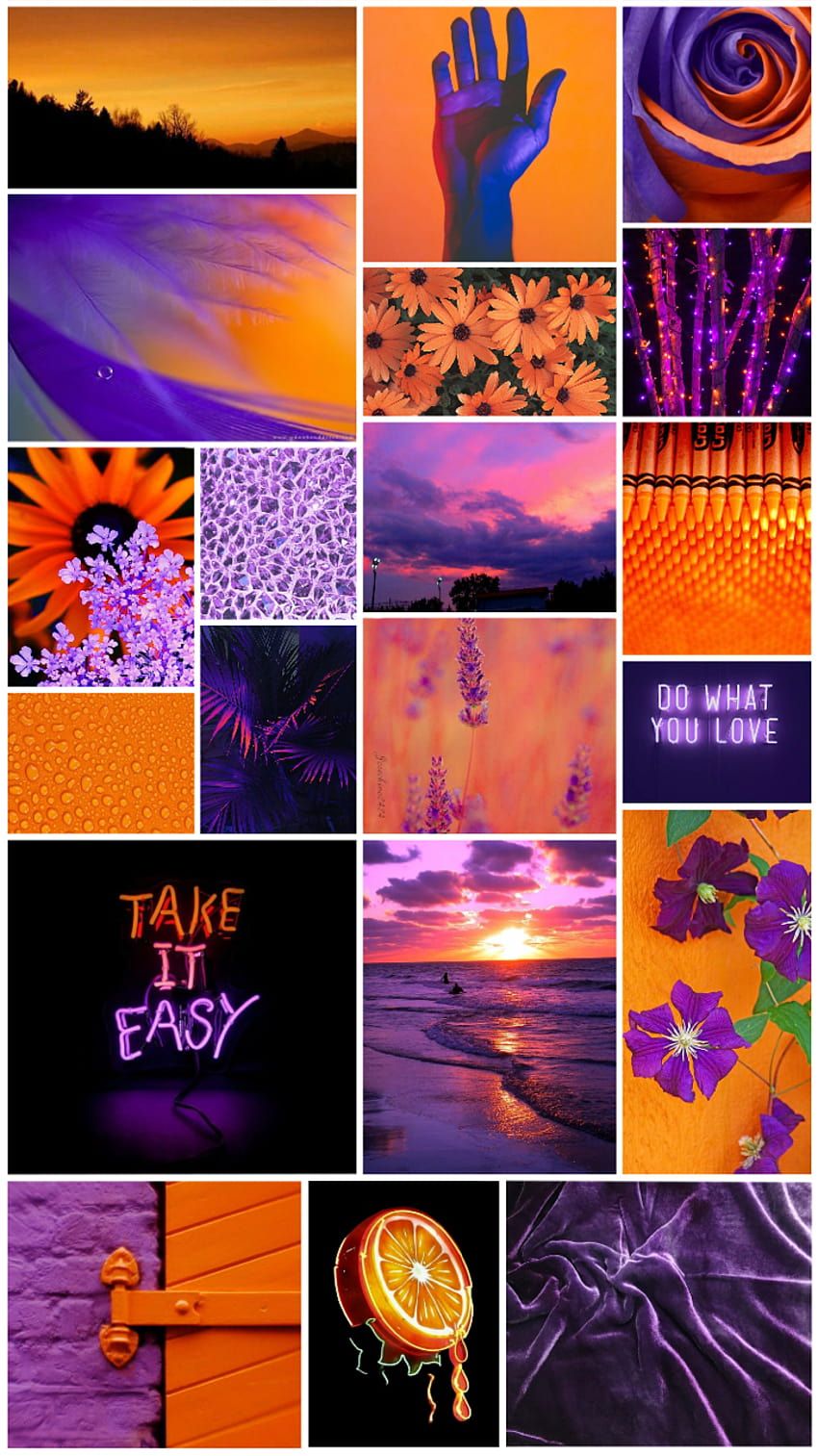 Collage, Violett, Orange, Sonnenuntergang, Ästhetik, HD, Hintergrundbild fürs Handy
