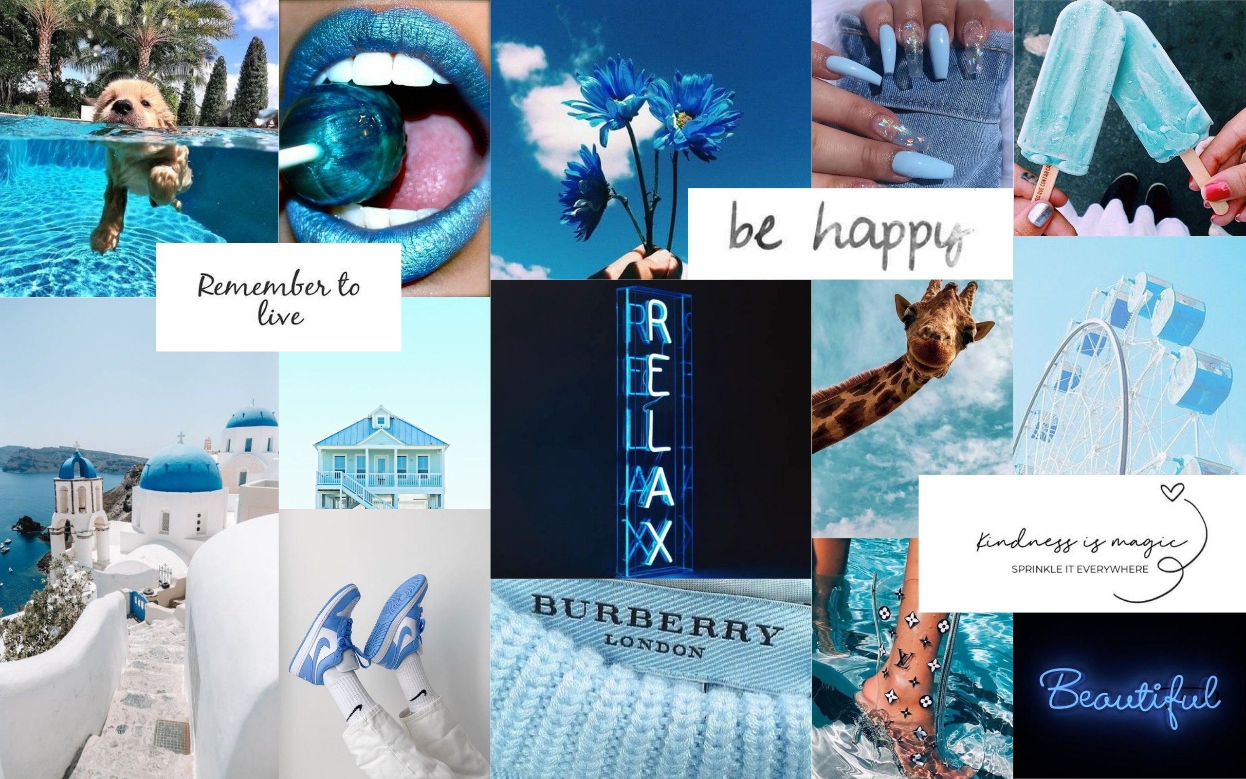 Collage, Be Happy, Relax, Burberry, Santorini, Lippen, 16:10, 2K-Hintergrundbild für den Desktop
