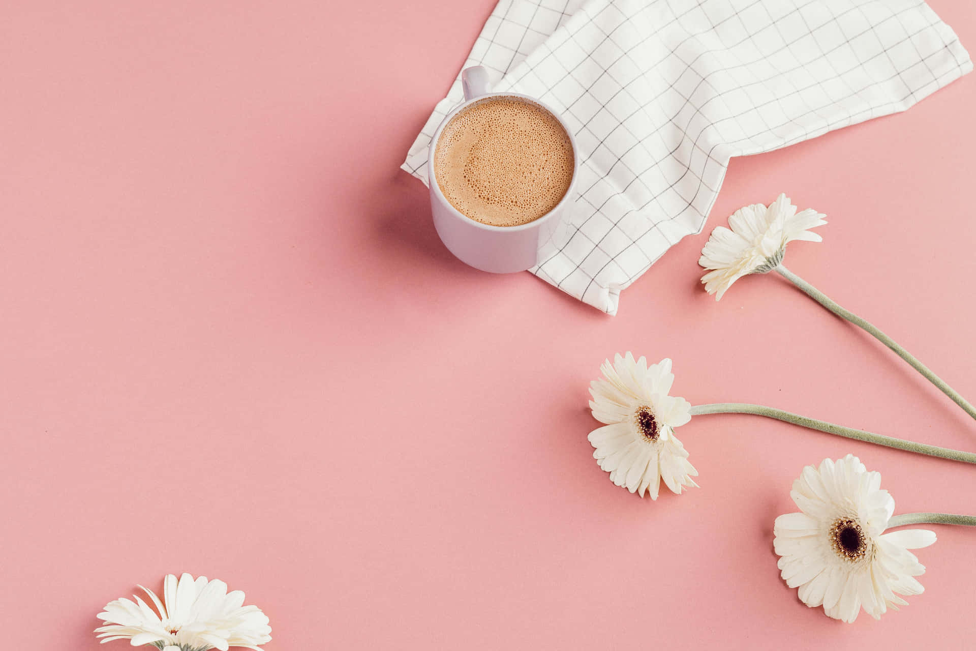 Kaffeetasse, Gänseblümchen, Flatlay, Lachsrosa, Minimalismus, Full HD, PC-Hintergrundbild