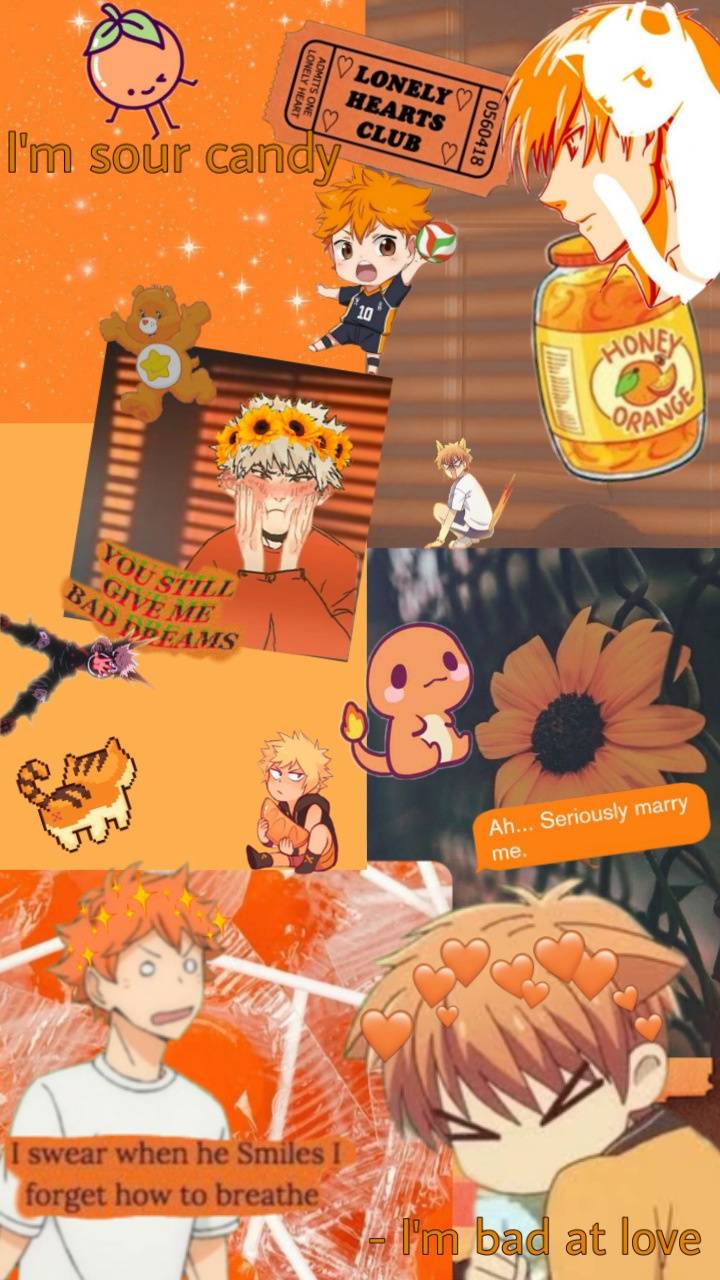 Collage, Anime, Ästhetik, Orange, Sticker, Hintergrundbild für iPhone und Android