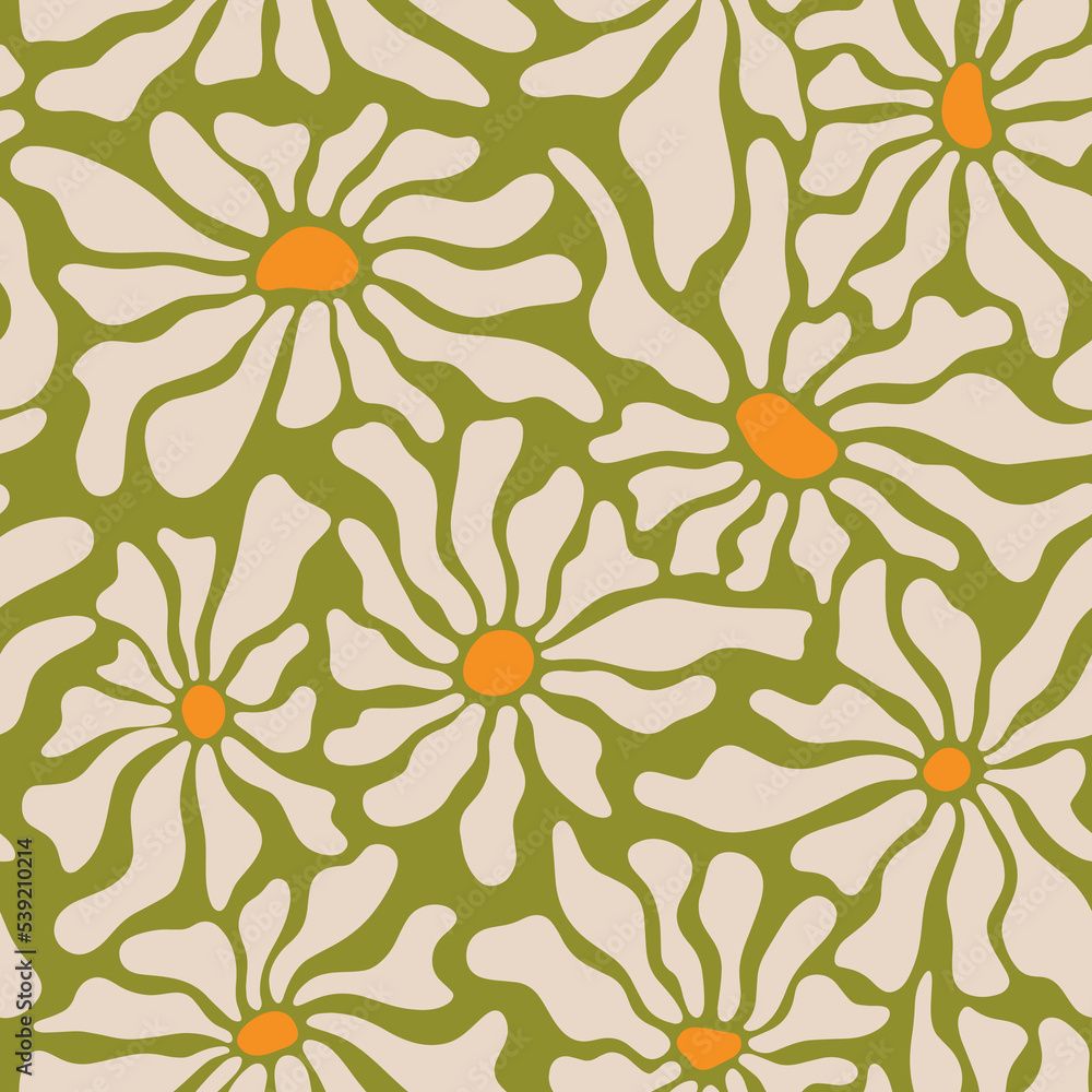 Gänseblümchen, Retro-Blumen, Olivgrün, Beige, 70er, Hintergrundbild für iPad und Tablet