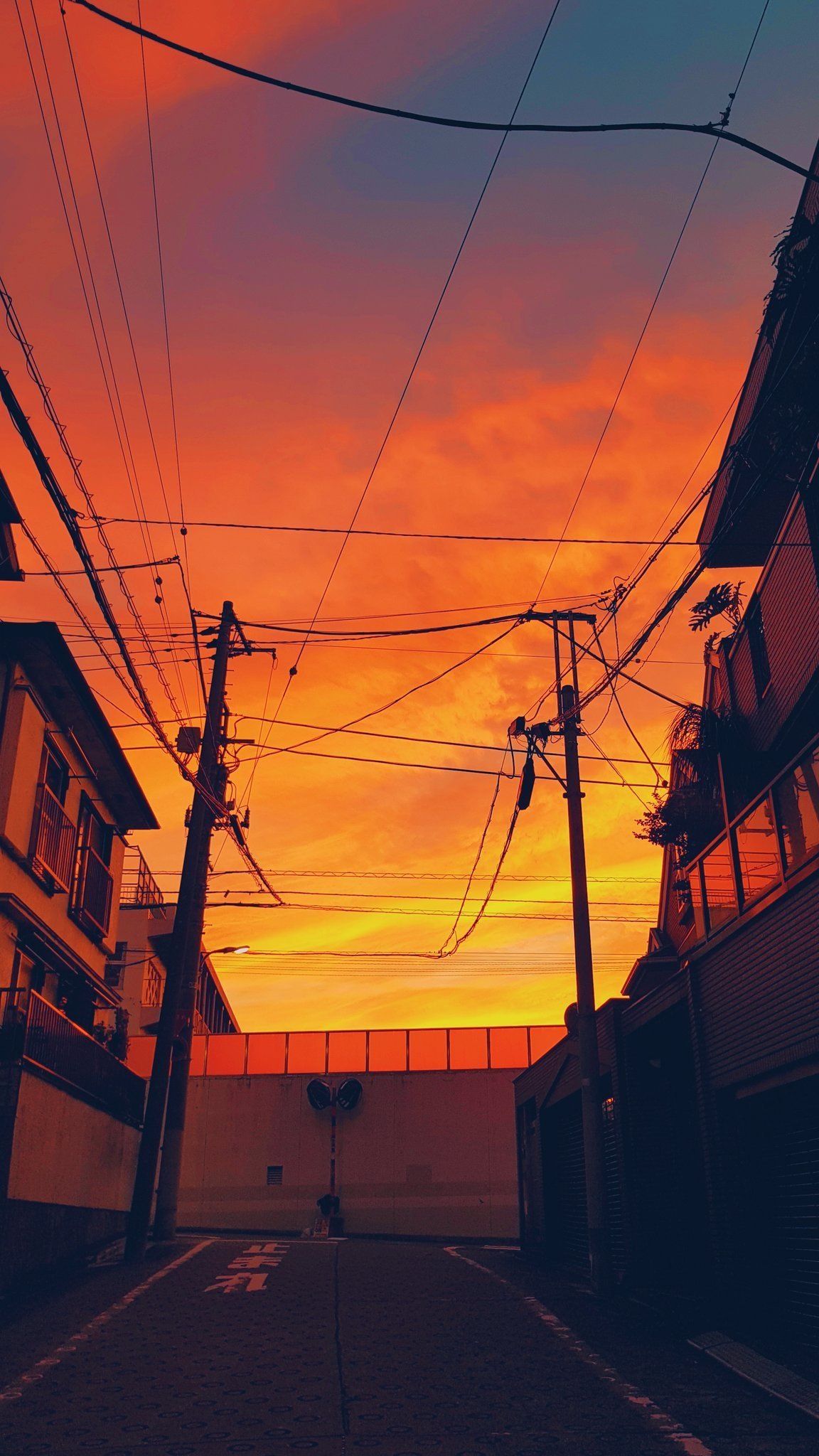 Stromleitungen, Sonnenuntergang, Straße, Silhouette, Japan, Full HD, Handy-Hintergrundbild