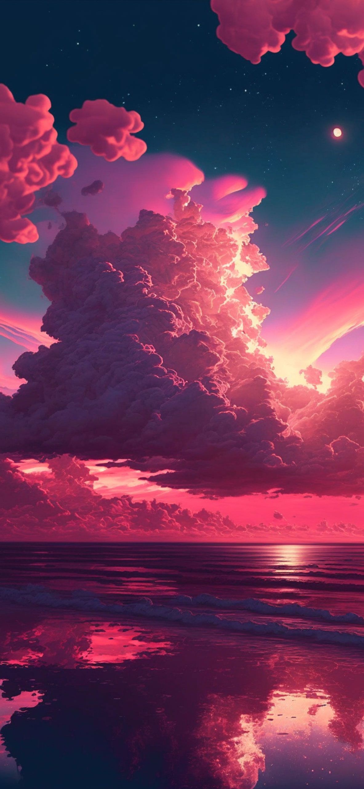 Rosa Wolken, Meer, Sonnenuntergang, Fantasie, Spiegelung, Full HD, Handy-Hintergrundbild
