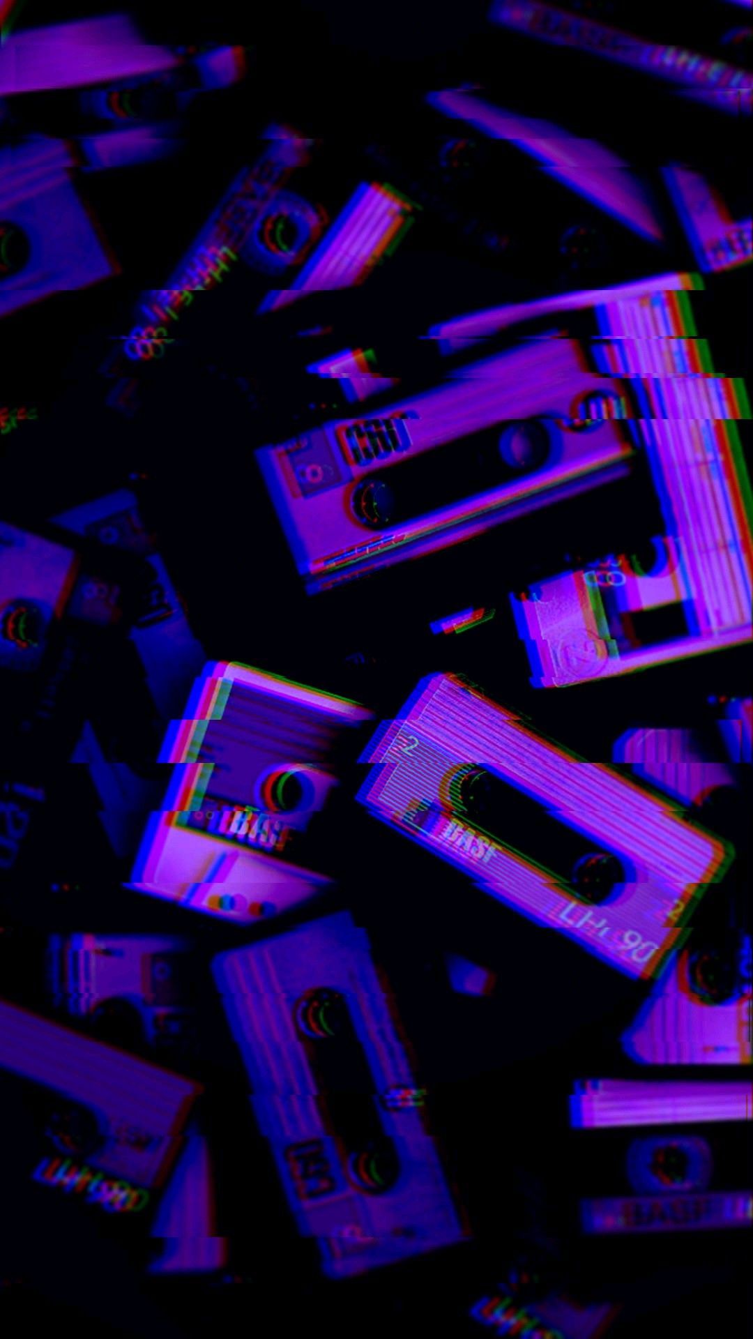 Kassetten, Retro, Dunkellila, Musik, Neonlicht, Full HD, Hintergrundbild fürs Handy