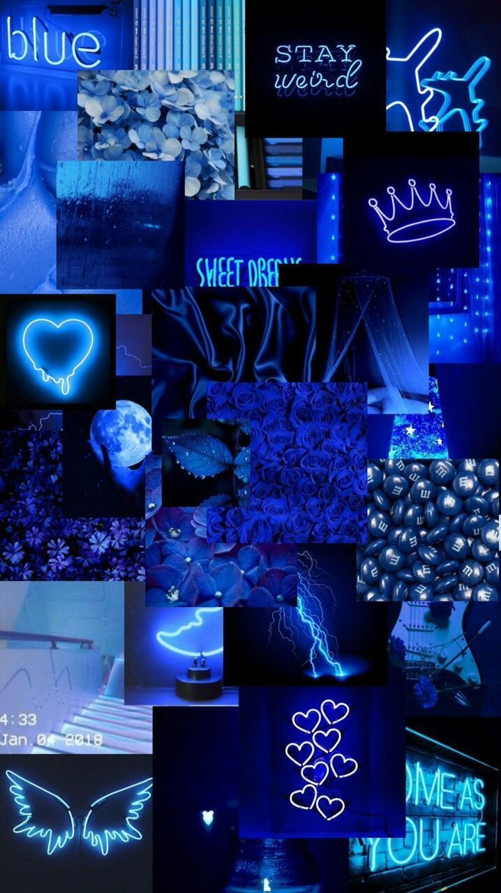 Collage, Blaue Ästhetik, Neonherz, Moodboard, Dunkelblau, Android-Hintergrundbild
