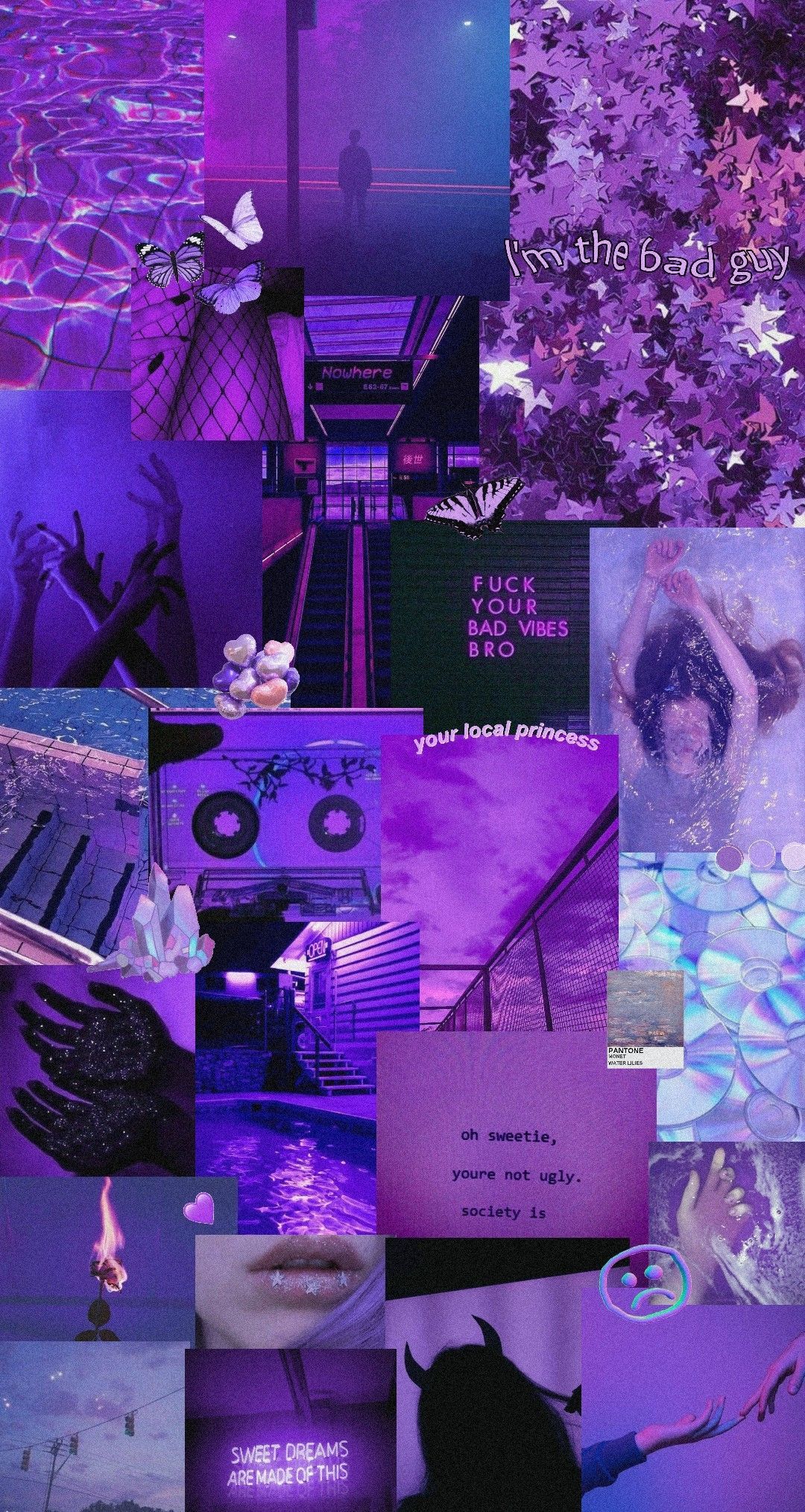 Collage, Dunkellila, Moodboard, Neon, Nacht, Full HD, Handy-Hintergrund im Hochformat
