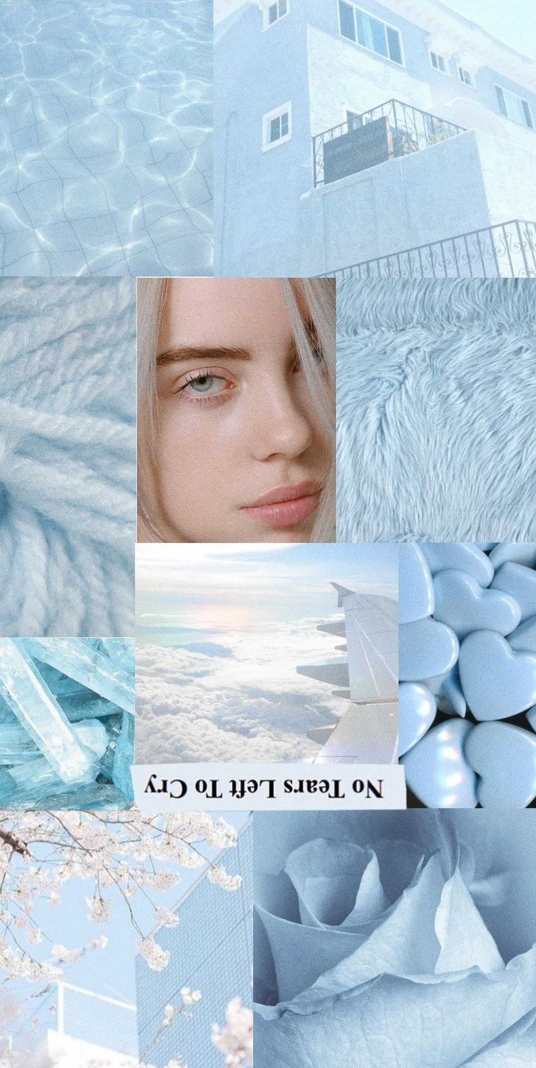 Billie Eilish, Collage, No Tears Left to Cry, Pastellblau, Hochformat, Full HD, iPhone-Hintergrundbild