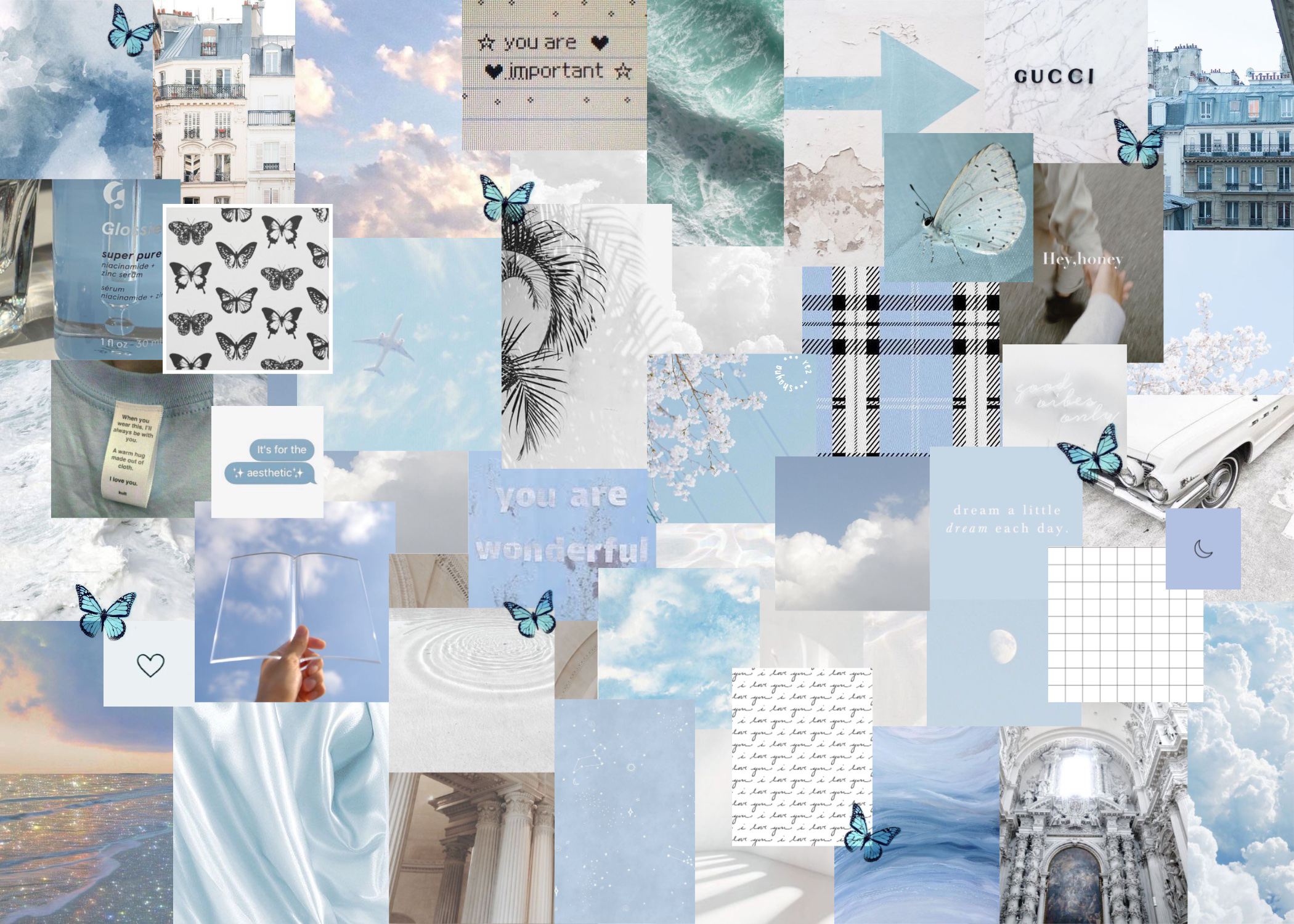Collage, Schmetterlinge, Burberry, Gucci, Pastellblau, Soft Aesthetic, Full HD, PC-Hintergrundbild