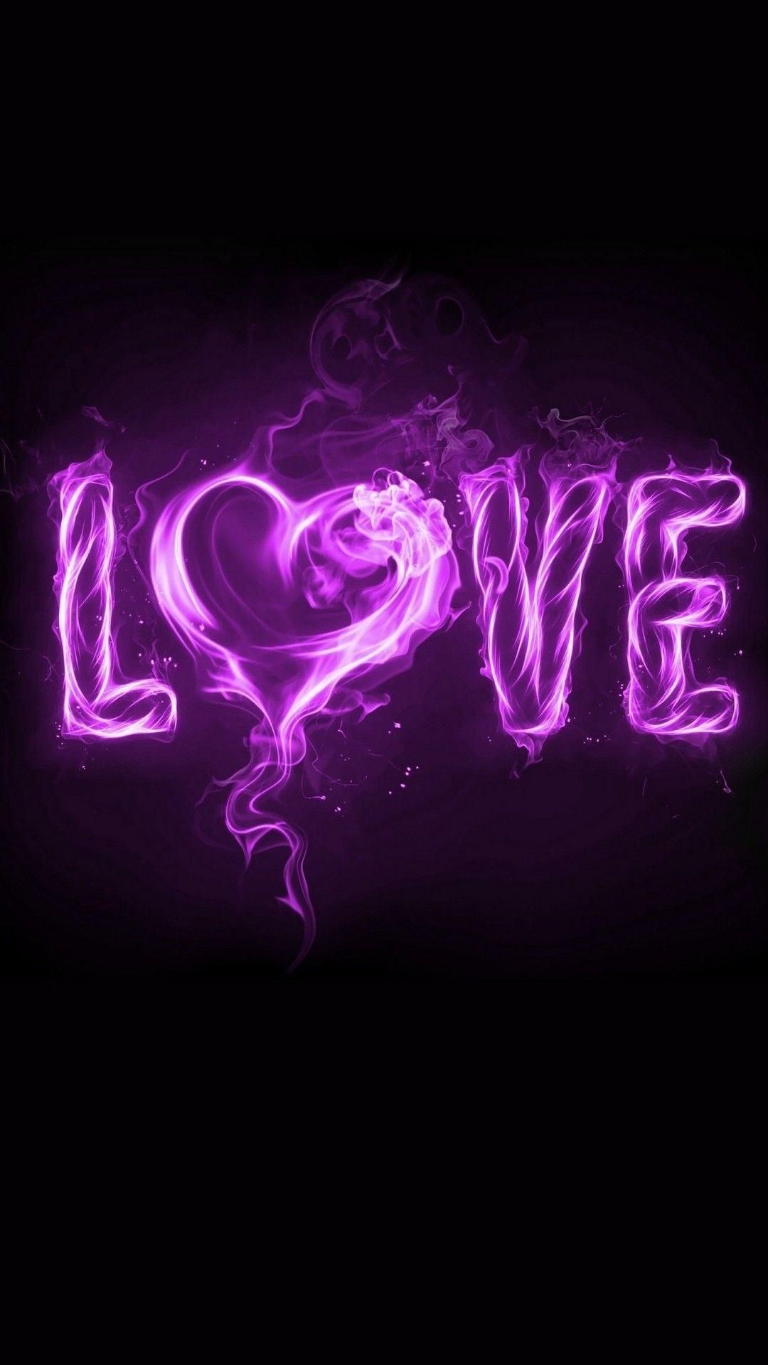 Love, Neonschrift, Lila Flammen, Herz, Schwarzer Hintergrund, Sperrbildschirm fürs iPhone
